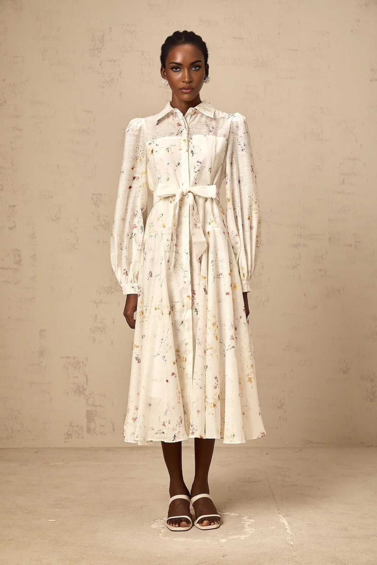 Federica Midi Dress White Floral Print Calf Length Button Fastening