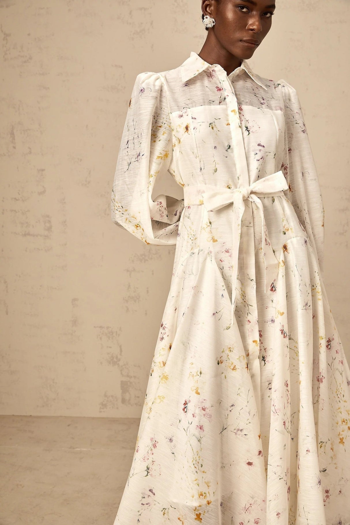 Federica Midi Dress White Floral Print Calf Length Button Fastening