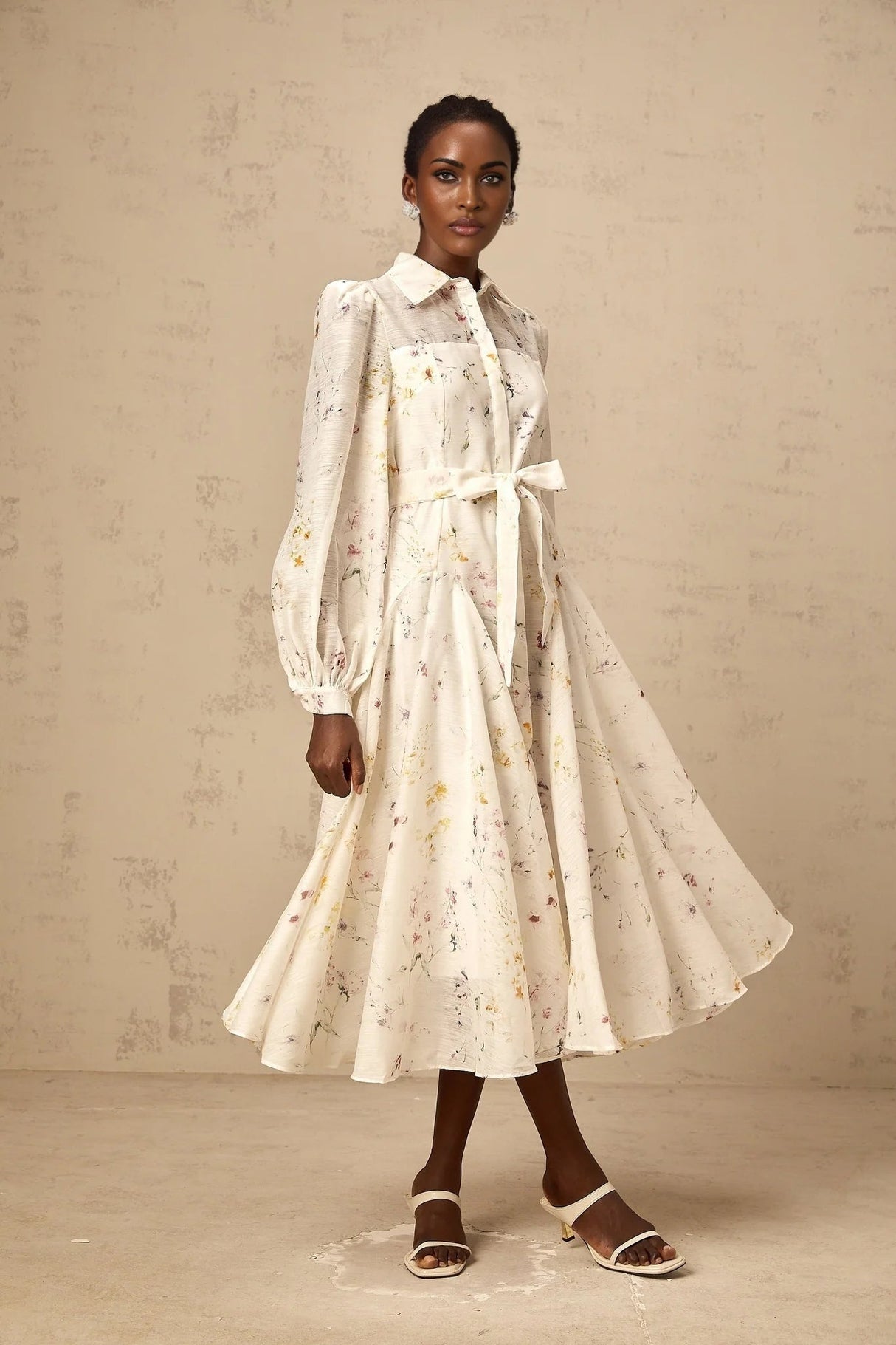 Federica Midi Dress White Floral Print Calf Length Button Fastening