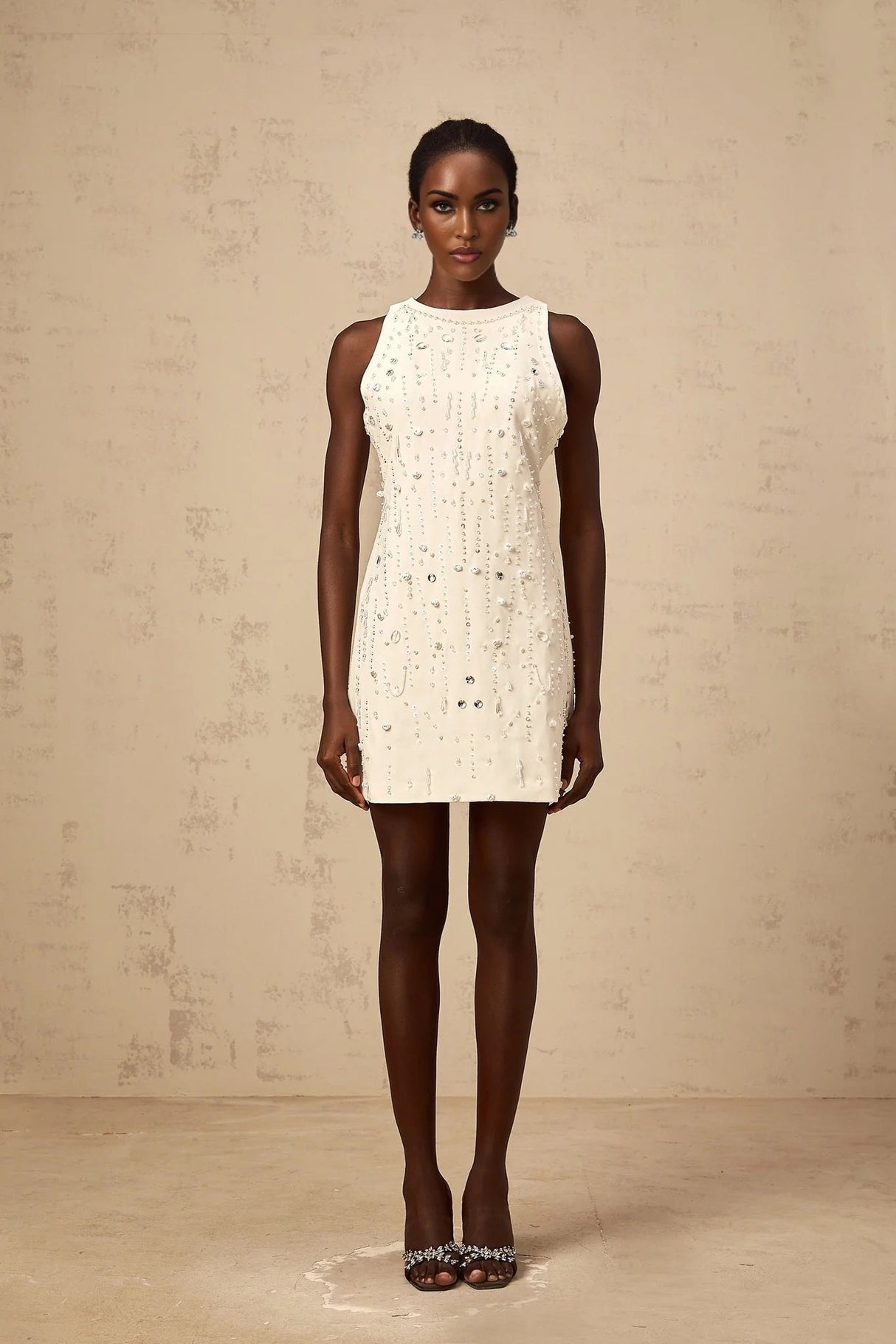 Federica Mini Dress Embellished Crystal Pearls & Sequins White