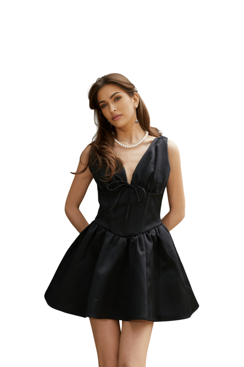 Federica Mini Dress - V - neck - Sleeveless - Boned bodice - Bowknot and Ruched Detailing