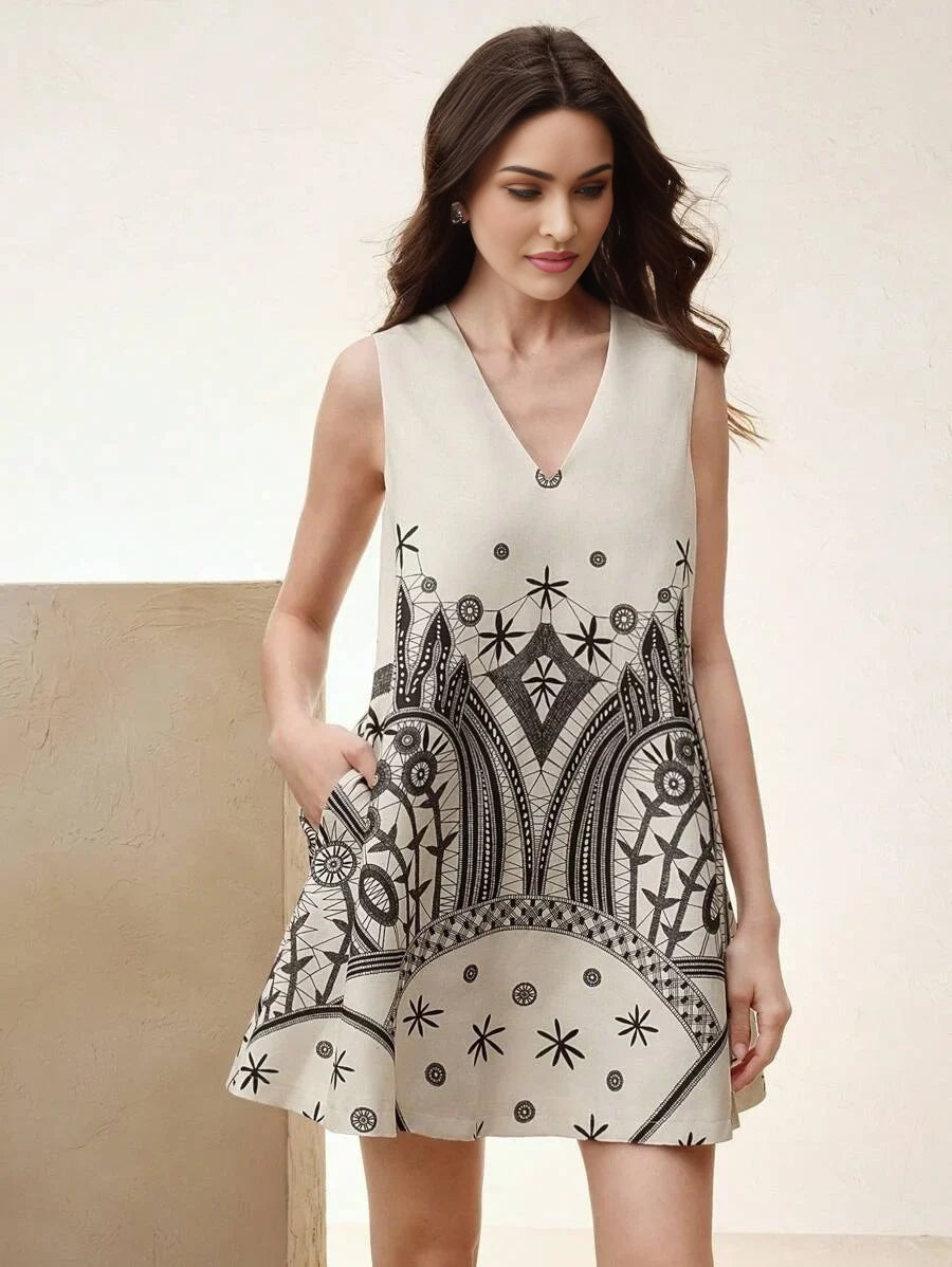 This stylish sleeveless dress features a chic V-neckline and a flattering flared fit, adorned with intricate black patterns.
