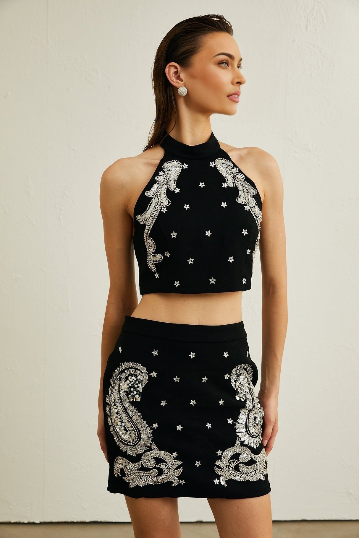 Federica Skirt & Top Set - Sleeveless Round Neck Top - Crystal Embellishments - Open Back Design - Thigh Length Skirt