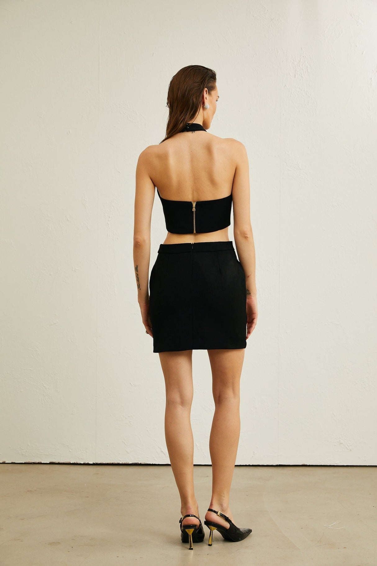 Federica Skirt & Top Set - Sleeveless Round Neck Top - Crystal Embellishments - Open Back Design - Thigh Length Skirt