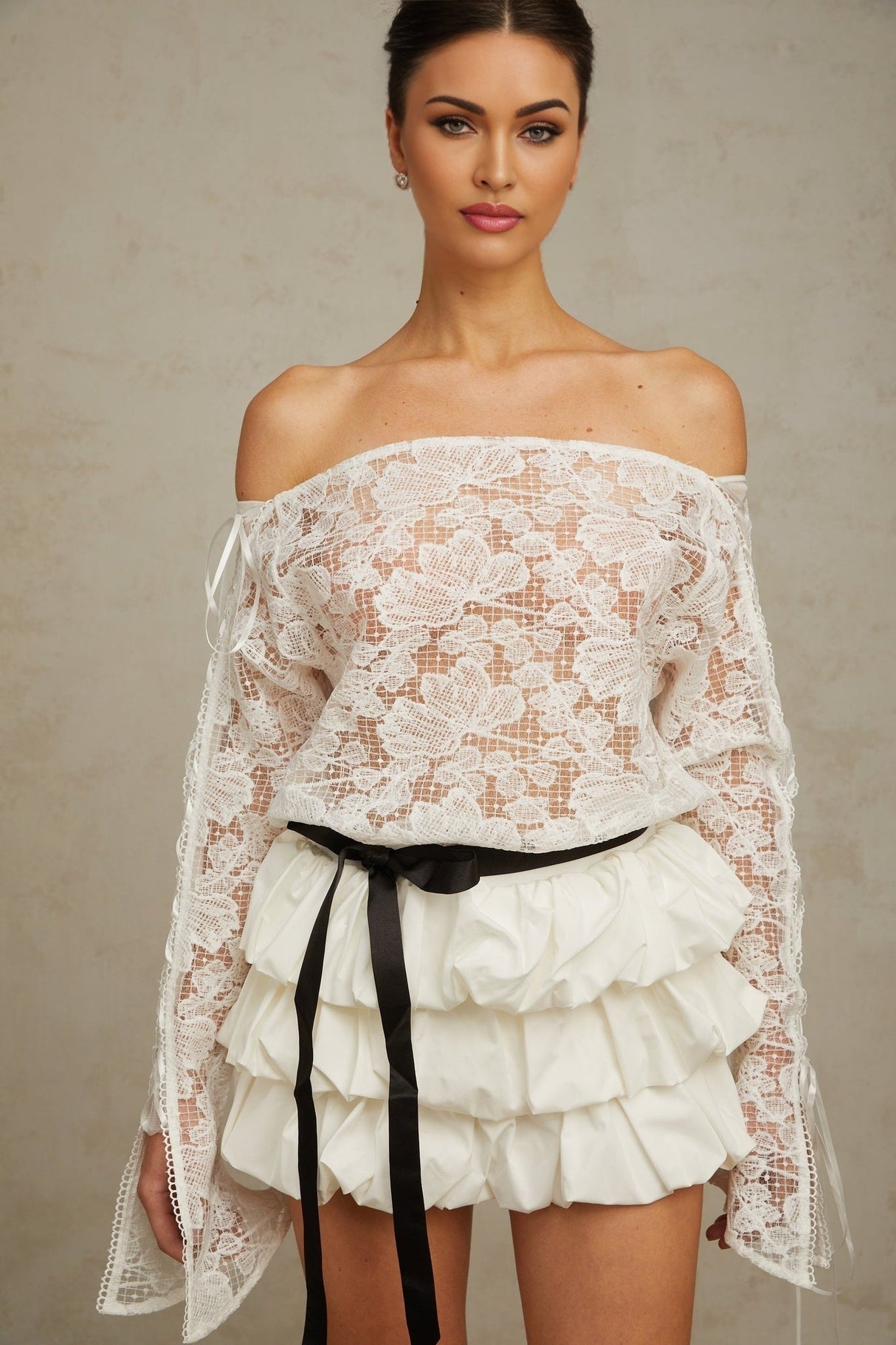 Federica Top & Skirt Set - Off Shoulder - Floral Lace Overlay - Tied Waist - Puff Skirt - Tiered Design