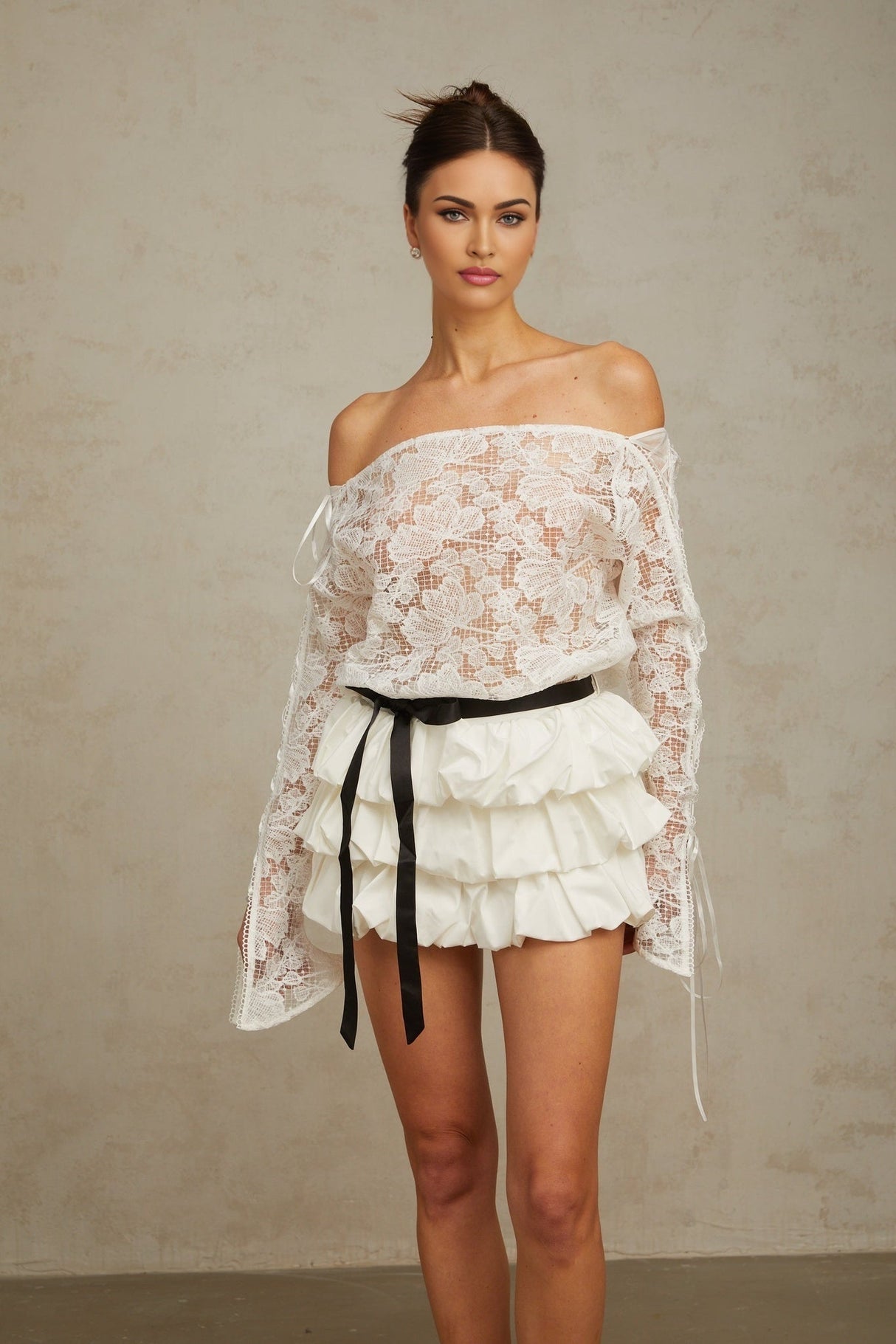 Federica Top & Skirt Set - Off Shoulder - Floral Lace Overlay - Tied Waist - Puff Skirt - Tiered Design