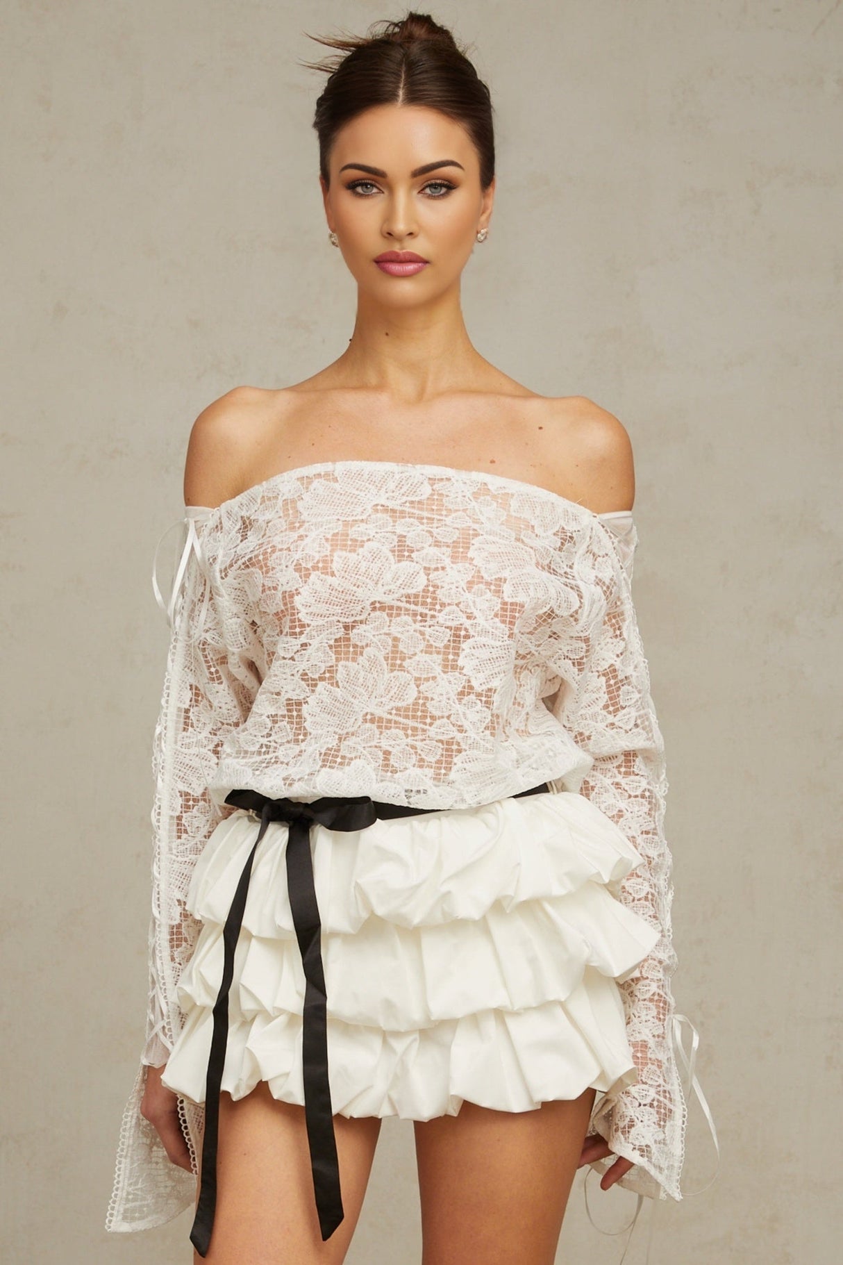 Federica Top & Skirt Set - Off Shoulder - Floral Lace Overlay - Tied Waist - Puff Skirt - Tiered Design