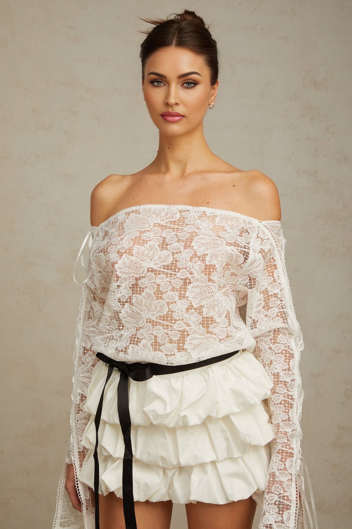 Federica Top & Skirt Set - Off Shoulder - Floral Lace Overlay - Tied Waist - Puff Skirt - Tiered Design