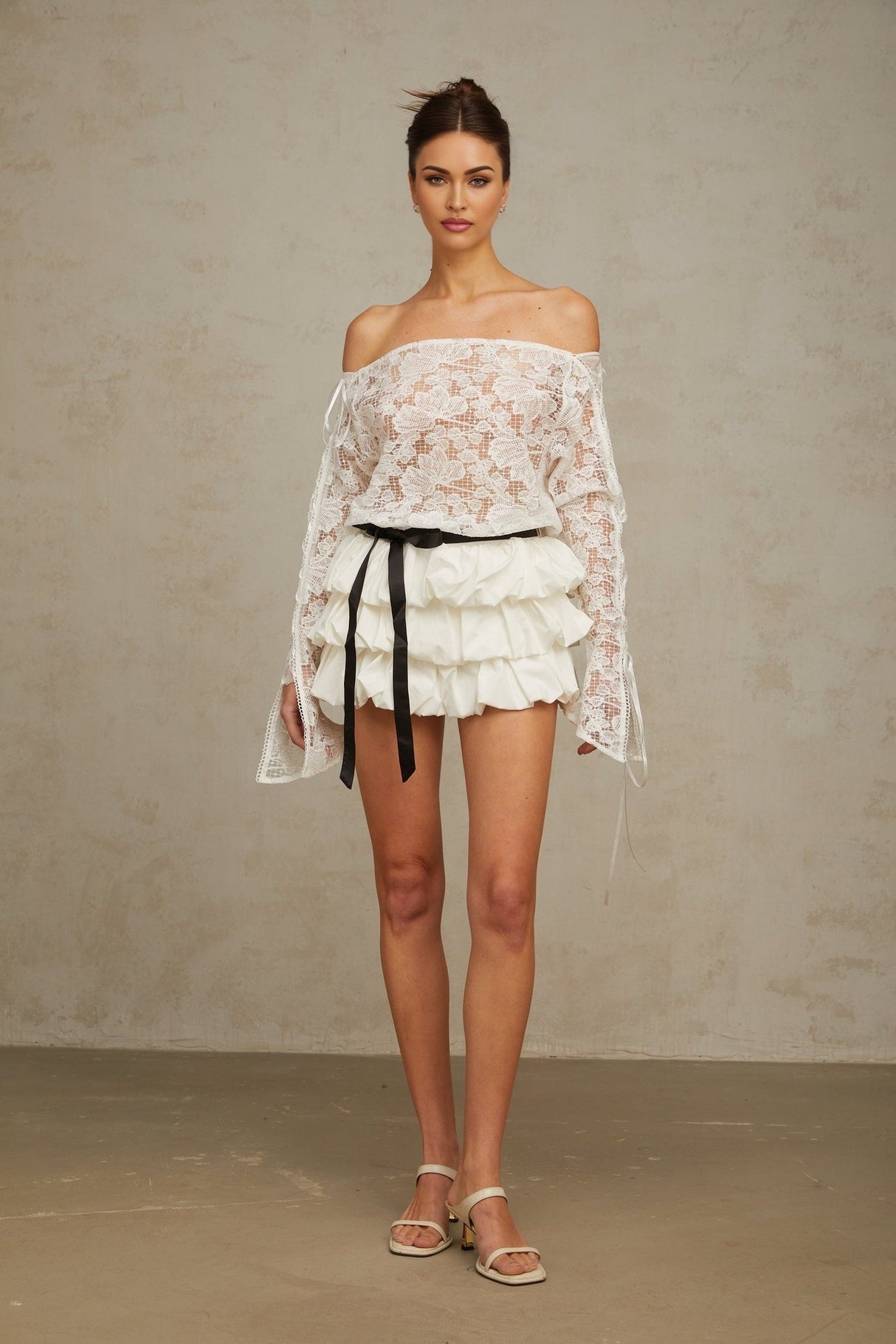 Federica Top & Skirt Set - Off Shoulder - Floral Lace Overlay - Tied Waist - Puff Skirt - Tiered Design