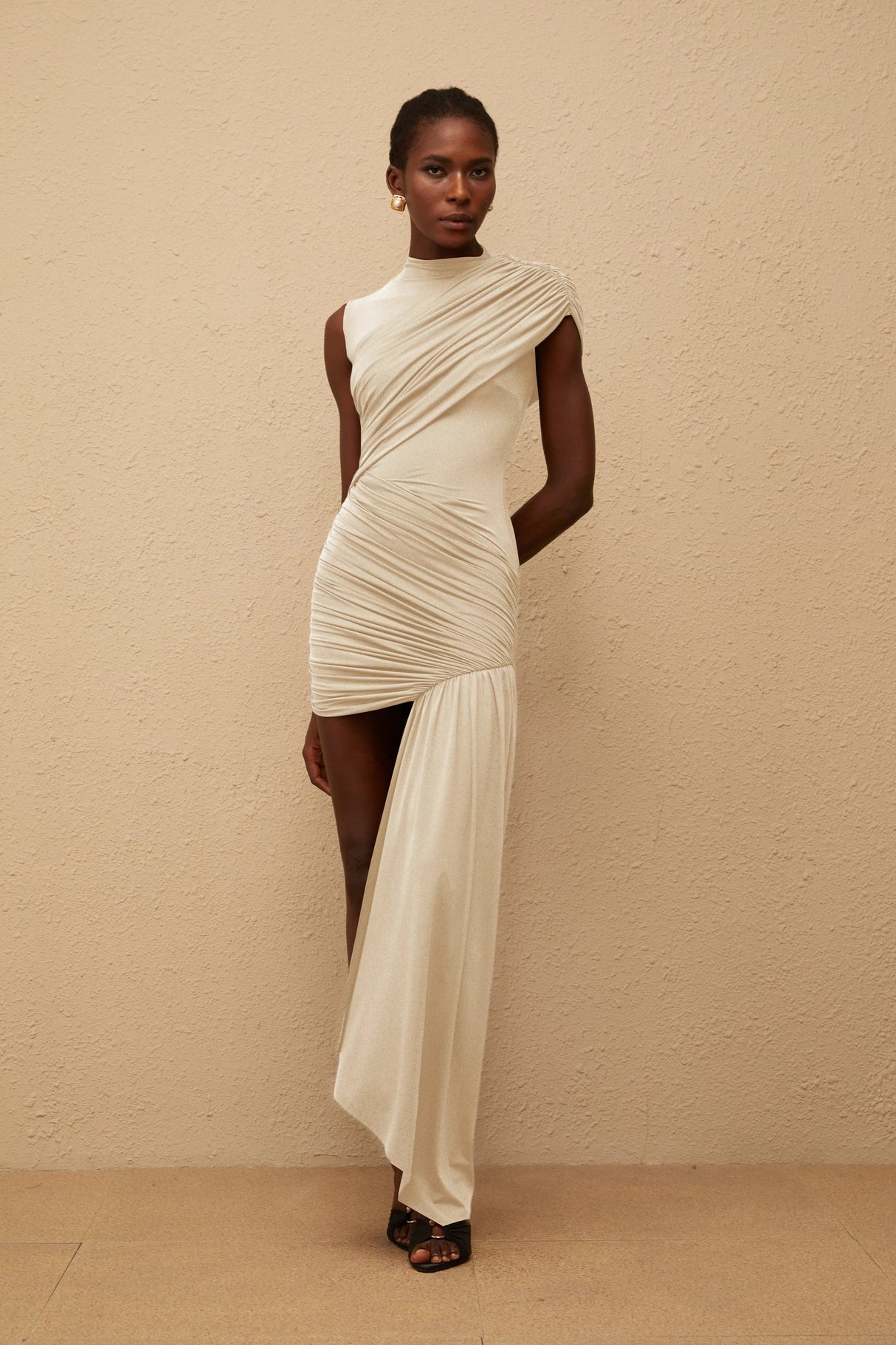 Fée Neutral Asymmetrical Ruched Mini Dress