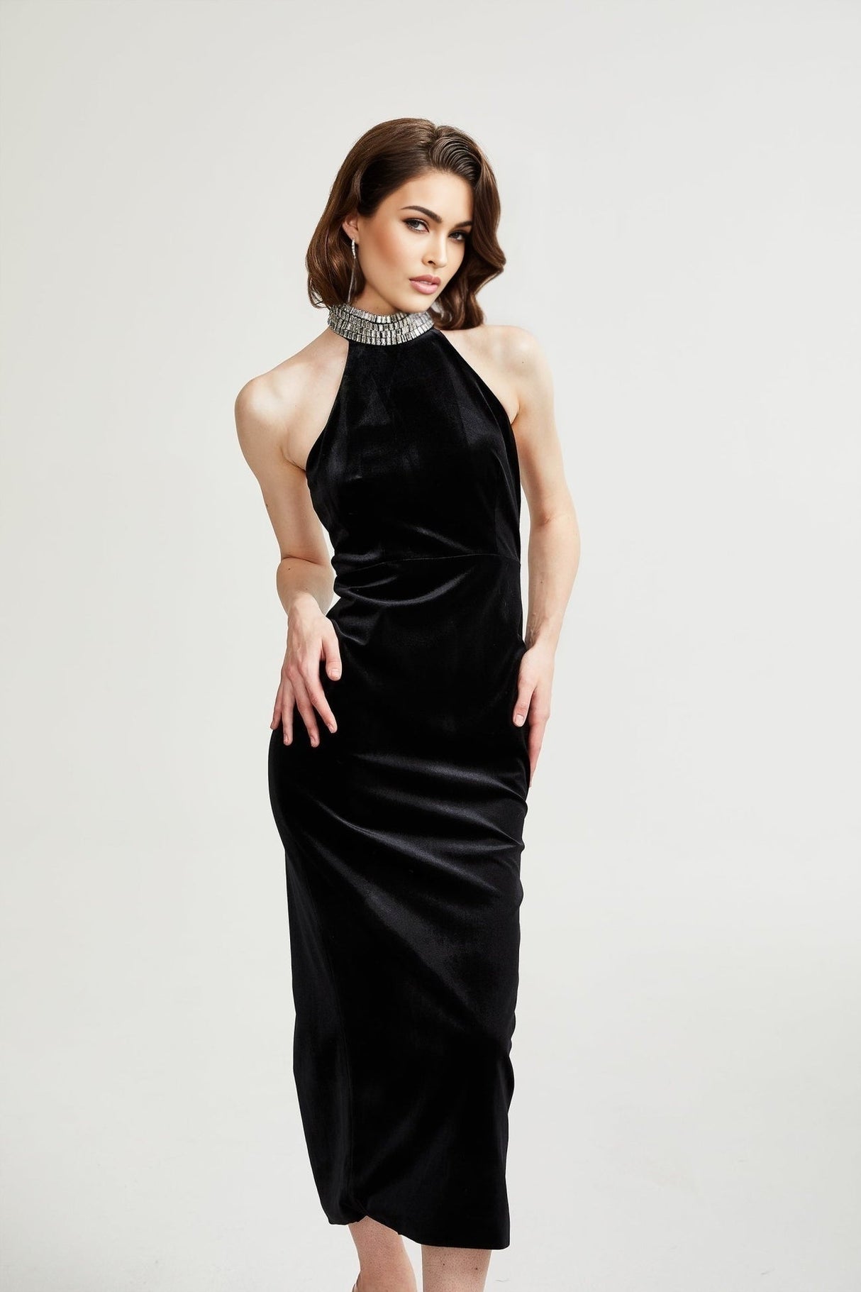 Felicita Sleeveless Roll Neck Dress – Crystal Embellished – Side Slit – Ankle Length – Elegant Fit