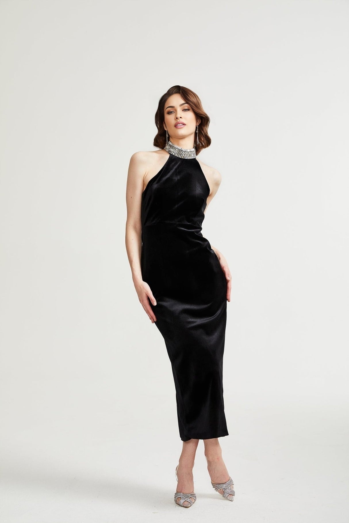 Felicita Sleeveless Roll Neck Dress – Crystal Embellished – Side Slit – Ankle Length – Elegant Fit