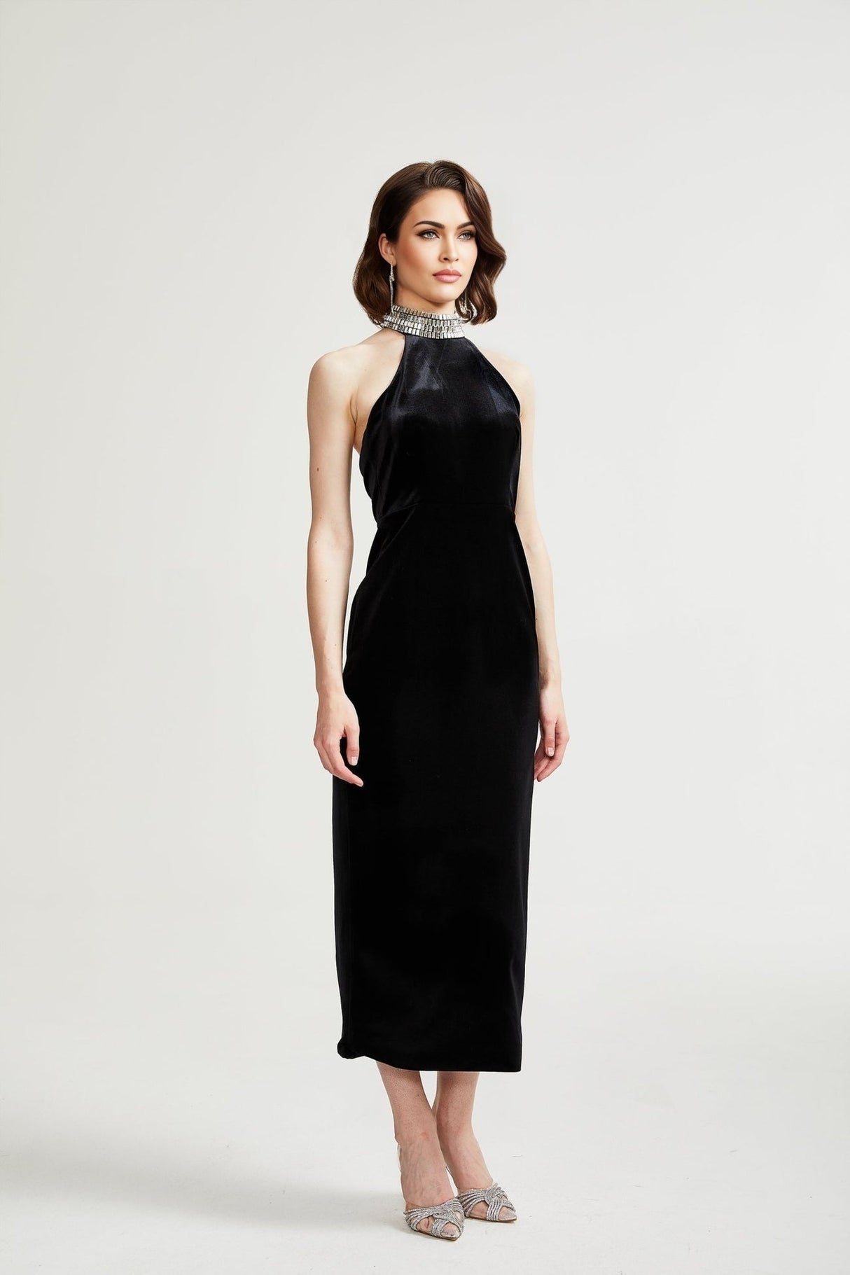 Felicita Sleeveless Roll Neck Dress – Crystal Embellished – Side Slit – Ankle Length – Elegant Fit