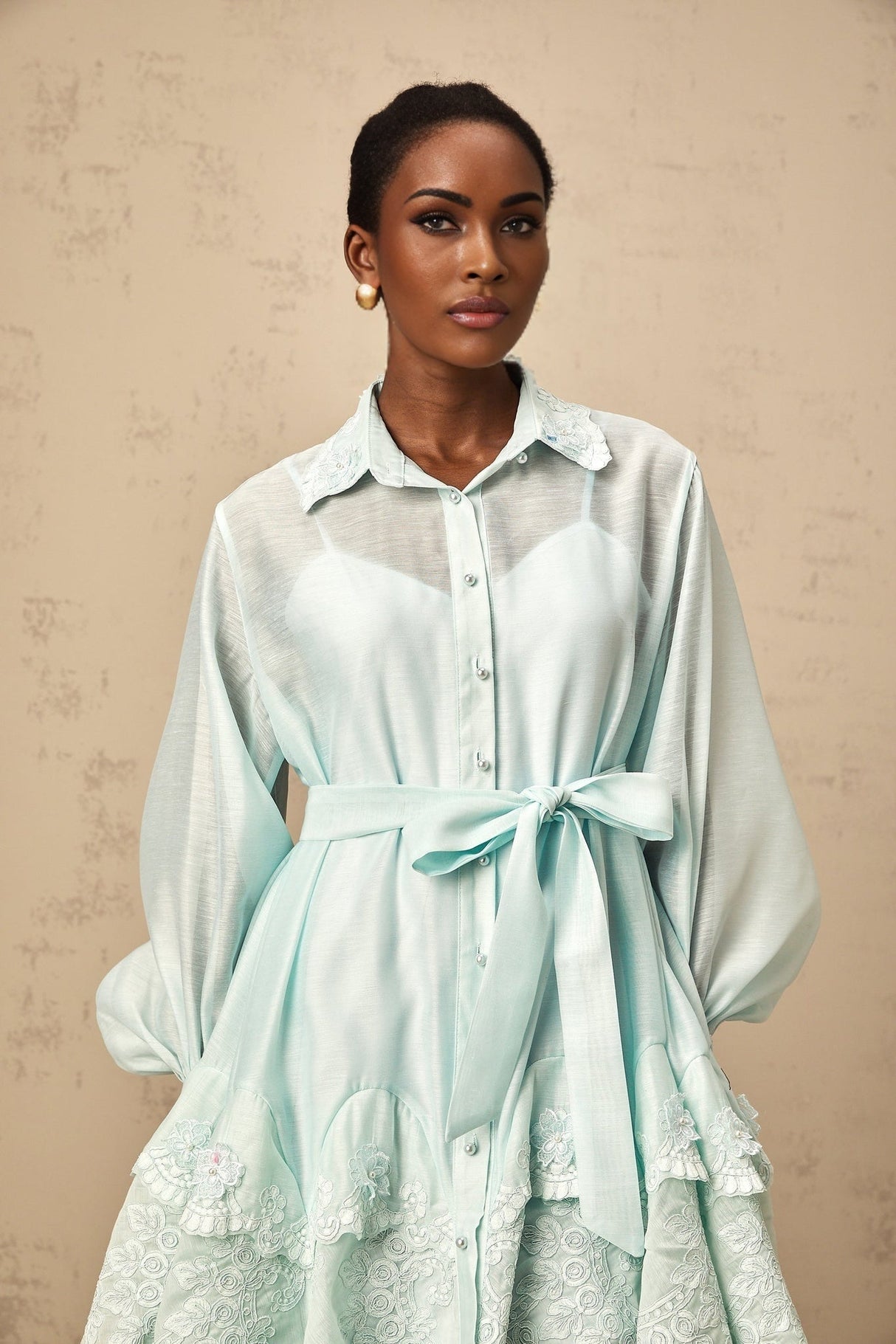 Felicity Mini Dress - Shirt Collar - Lace Panelling - Lantern Sleeves - Tied Waist