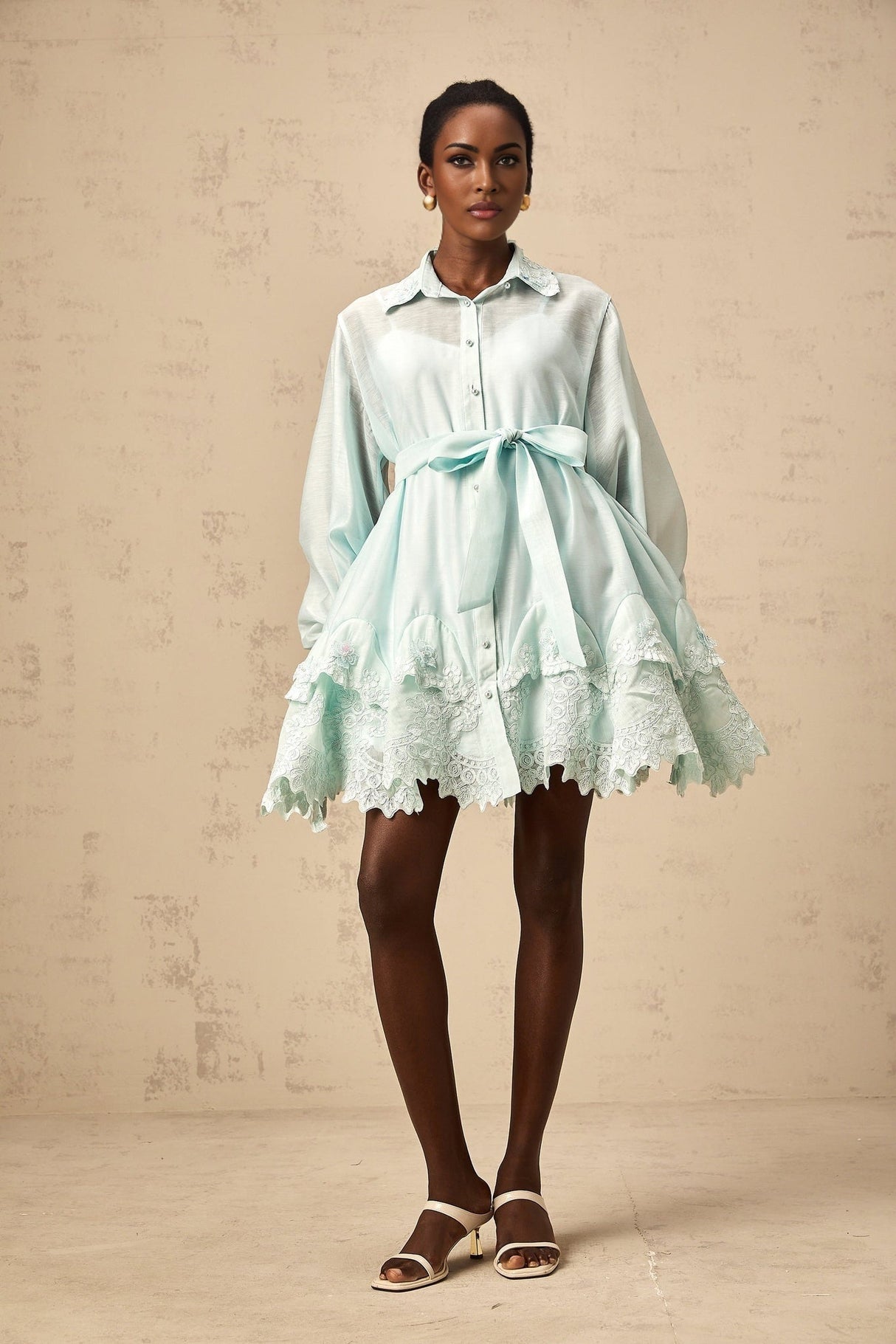 Felicity Mini Dress - Shirt Collar - Lace Panelling - Lantern Sleeves - Tied Waist