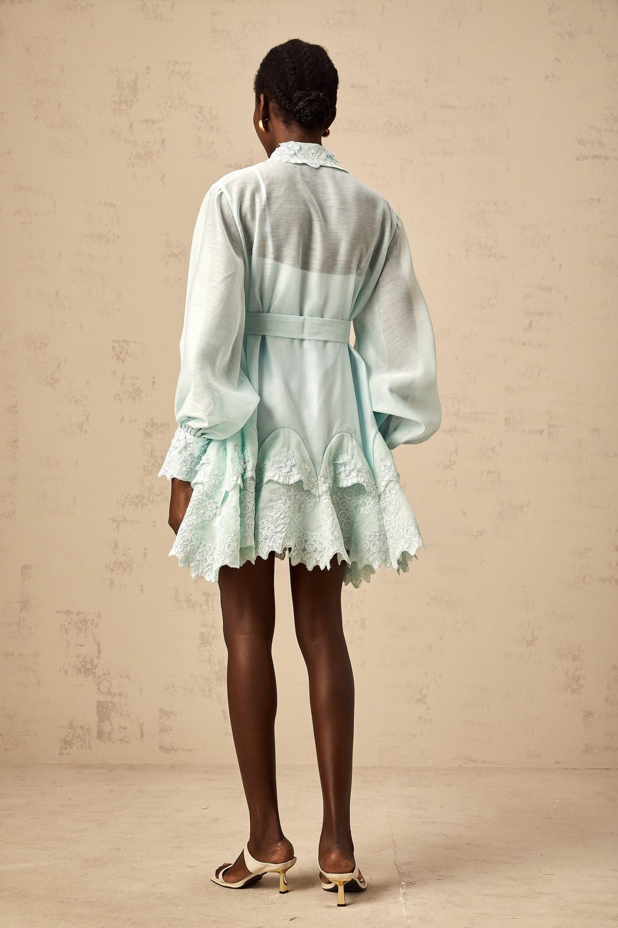 Felicity Mini Dress - Shirt Collar - Lace Panelling - Lantern Sleeves - Tied Waist