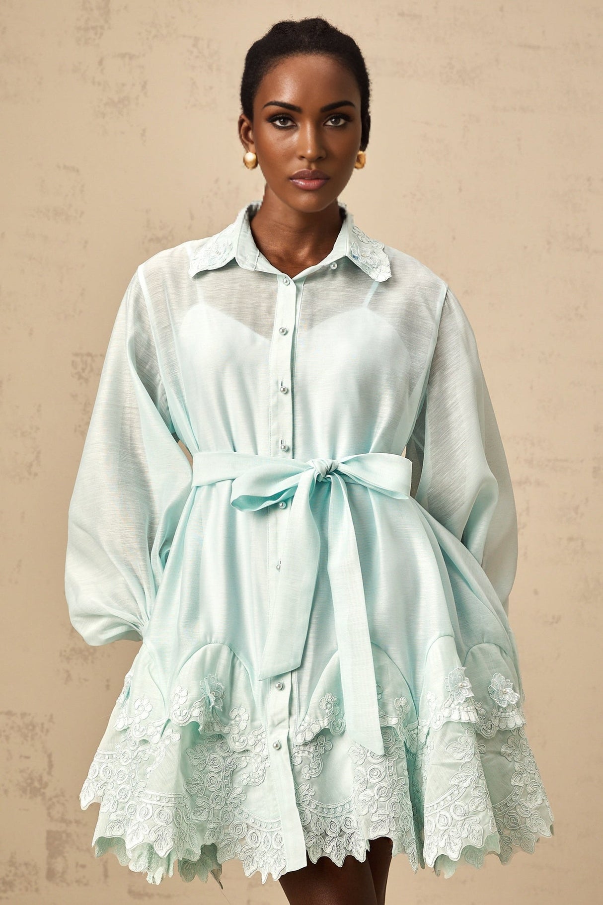 Felicity Mini Dress - Shirt Collar - Lace Panelling - Lantern Sleeves - Tied Waist