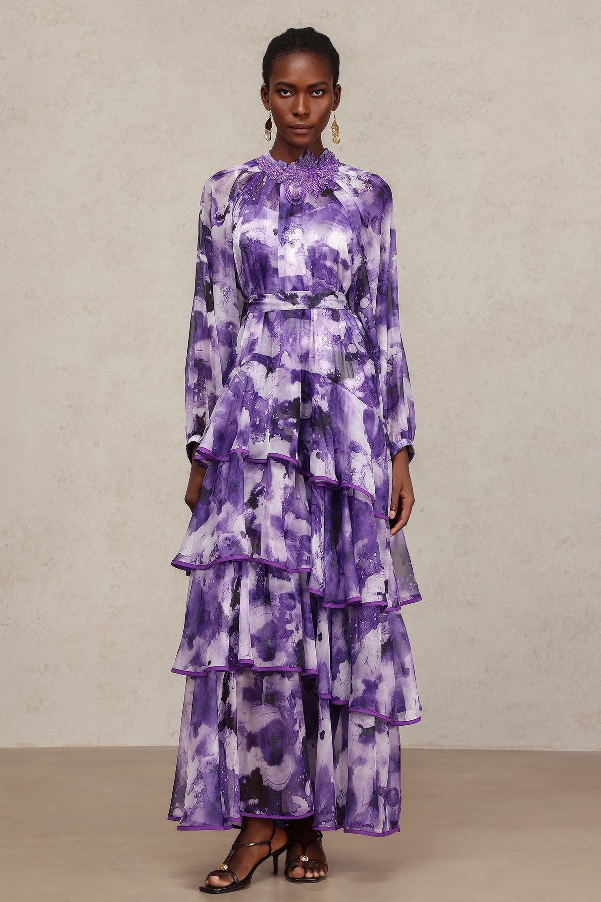 Felicity Purple Floral Lace Detail Long Sleeve Layered Skirt Dress