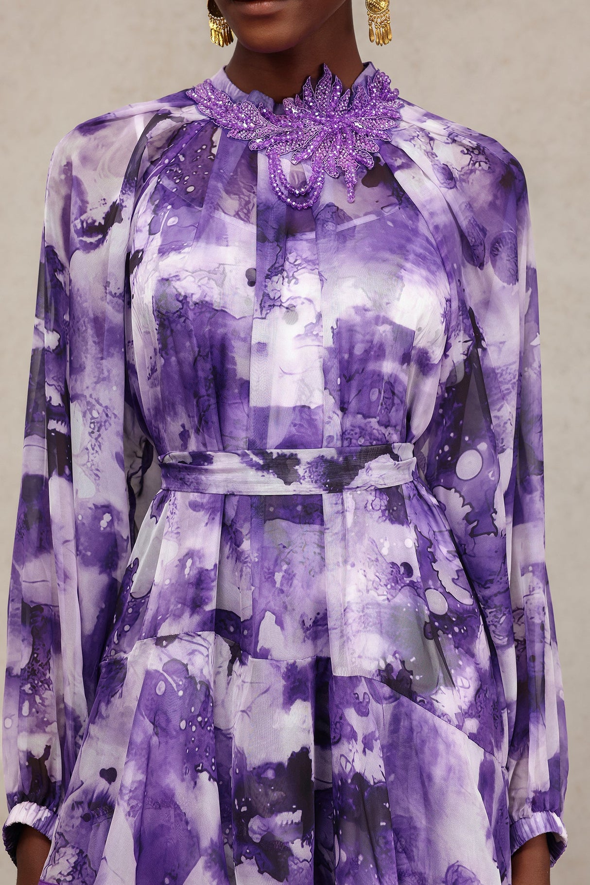 Felicity Purple Floral Lace Detail Long Sleeve Layered Skirt Dress
