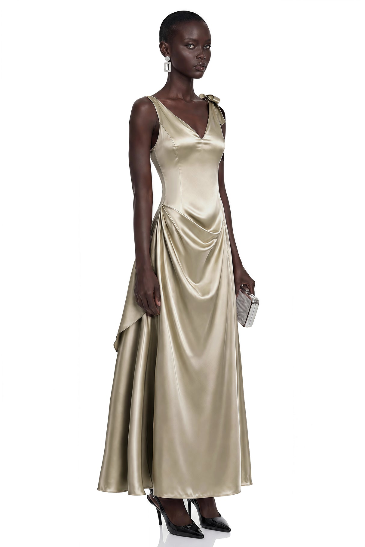Felicity Taupe Satin VNeck Ruched Flared Midi Dress