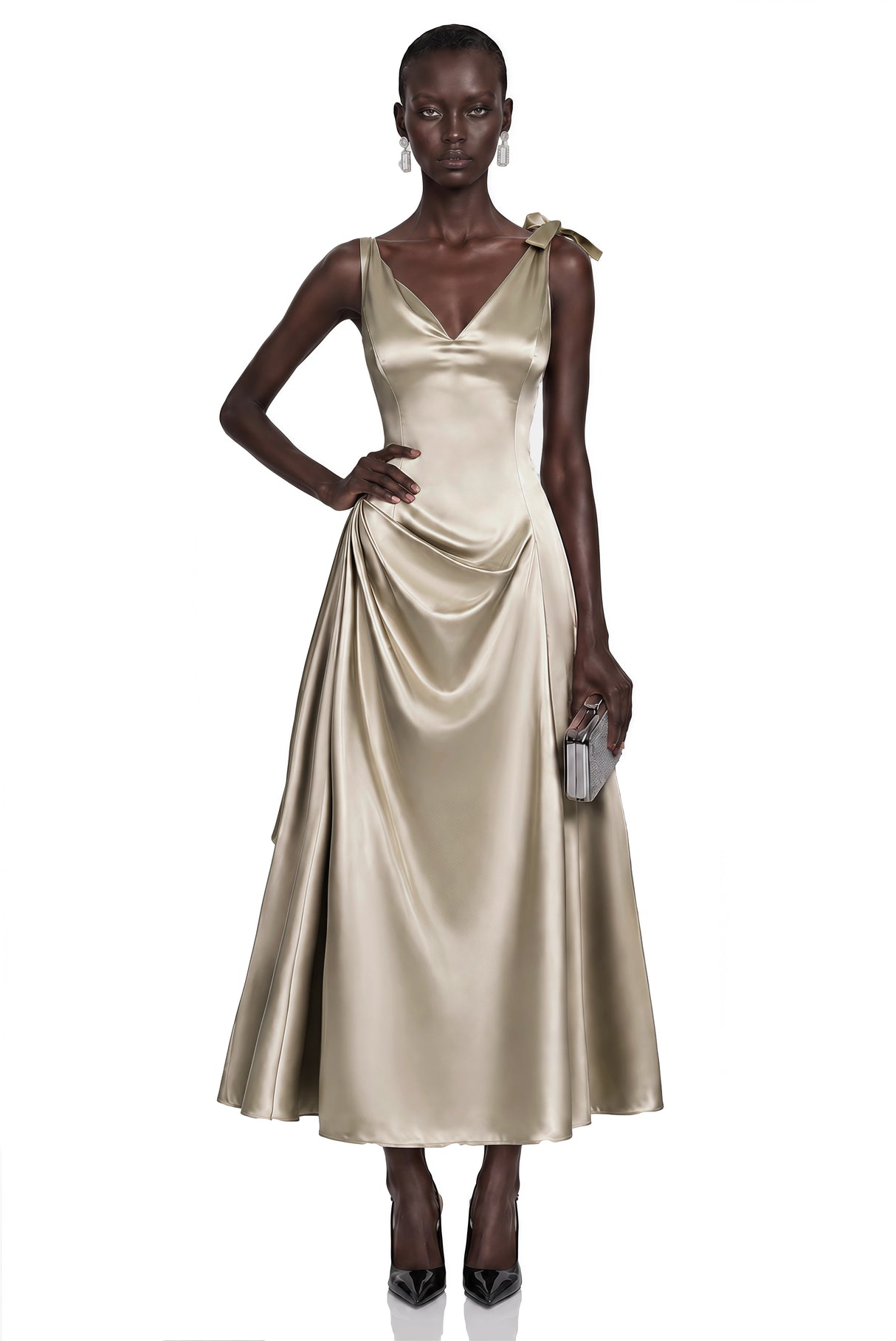 Felicity Taupe Satin VNeck Ruched Flared Midi Dress