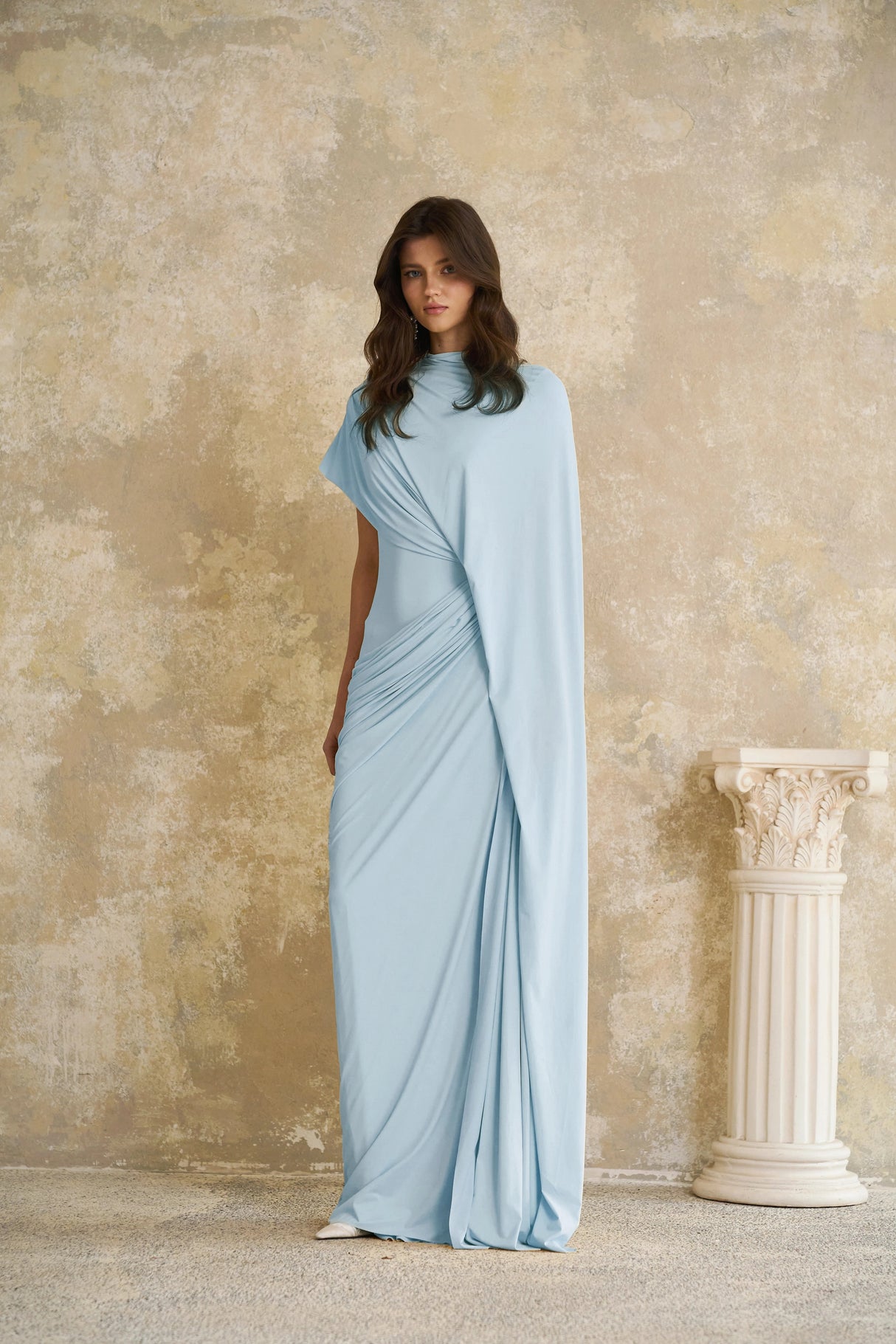 Fenella Blue Asymmetrical Draped Cape Dress Matching Set