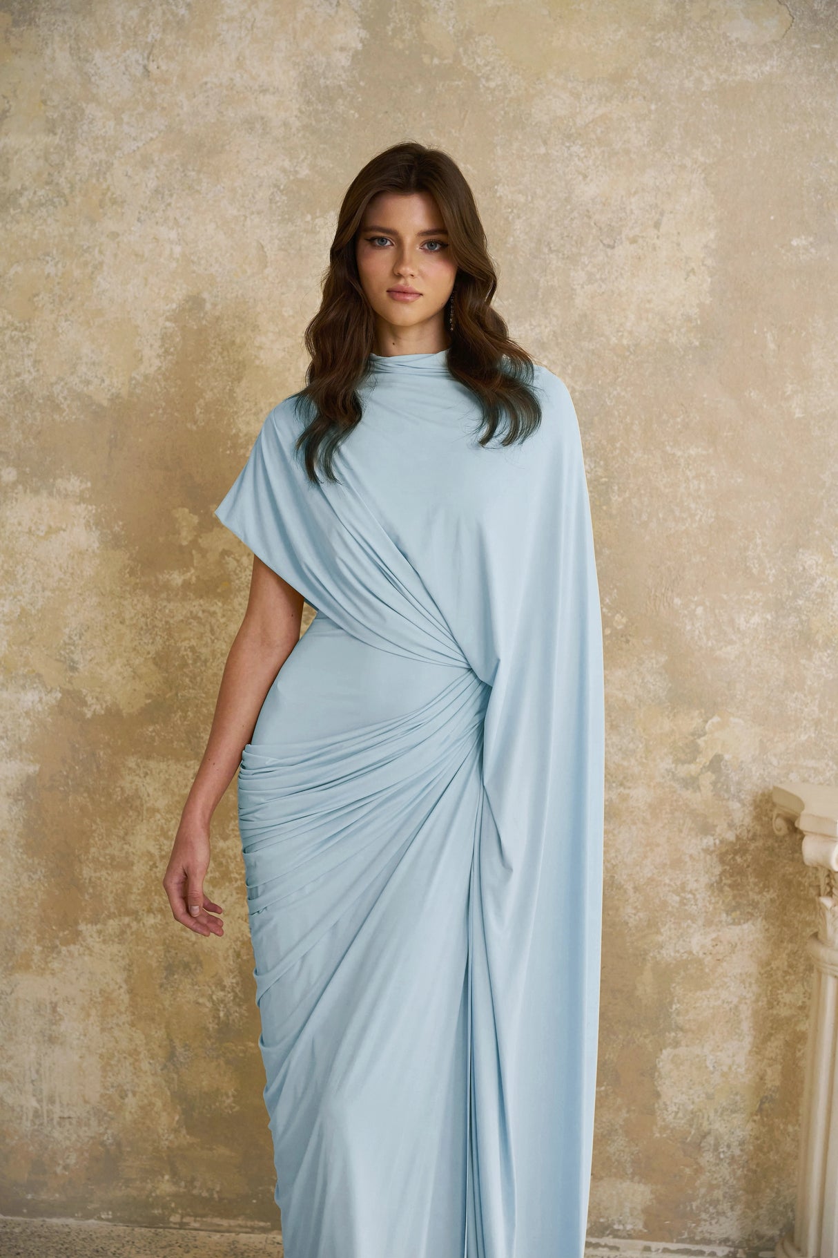 Fenella Blue Asymmetrical Draped Cape Dress Matching Set