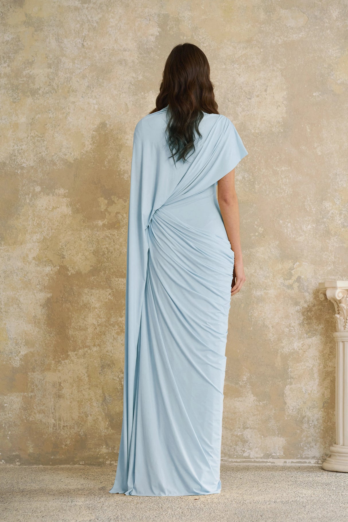 Fenella Blue Asymmetrical Draped Cape Dress Matching Set