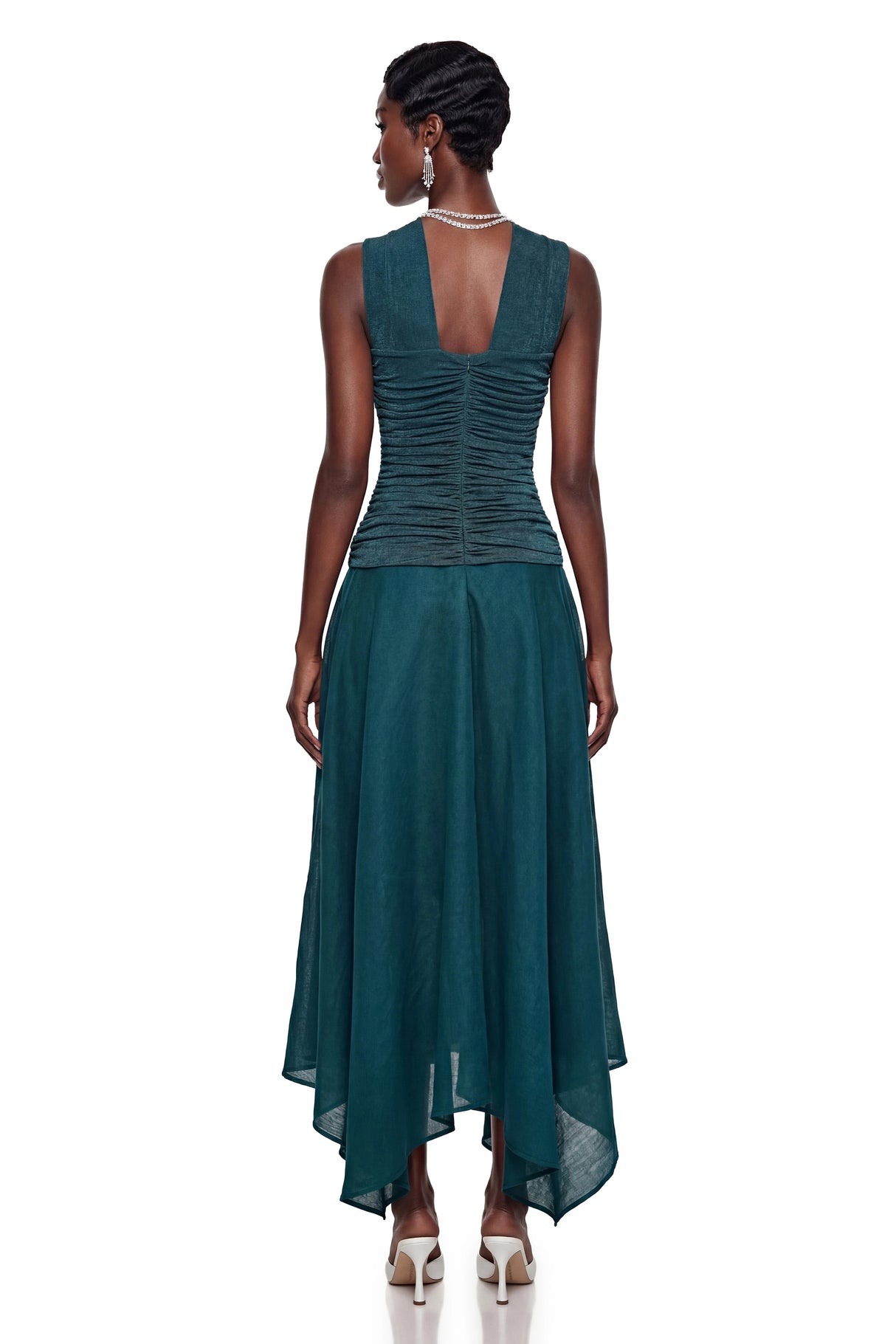 Fenella Green Asymmetrical Ruched Maxi Dress