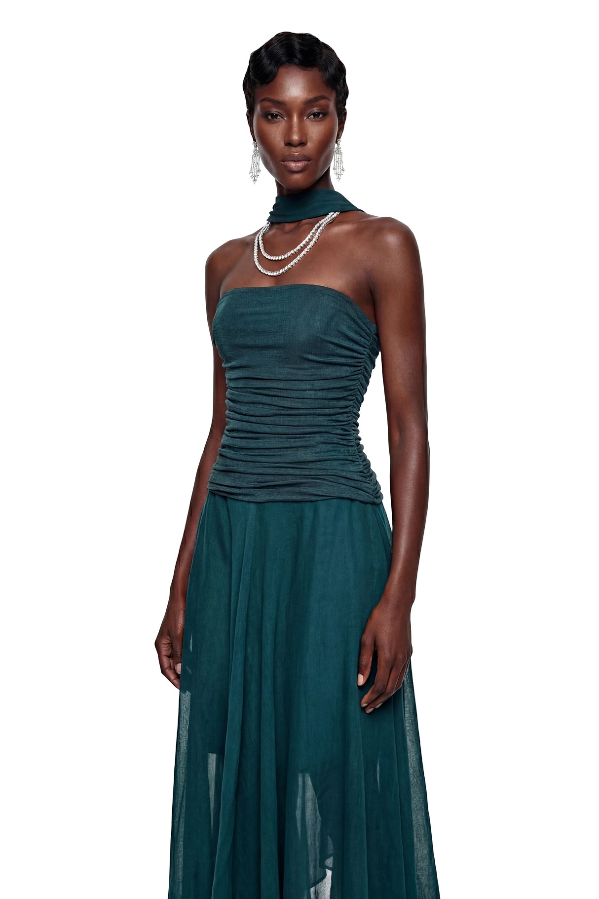 Fenella Green Asymmetrical Ruched Maxi Dress