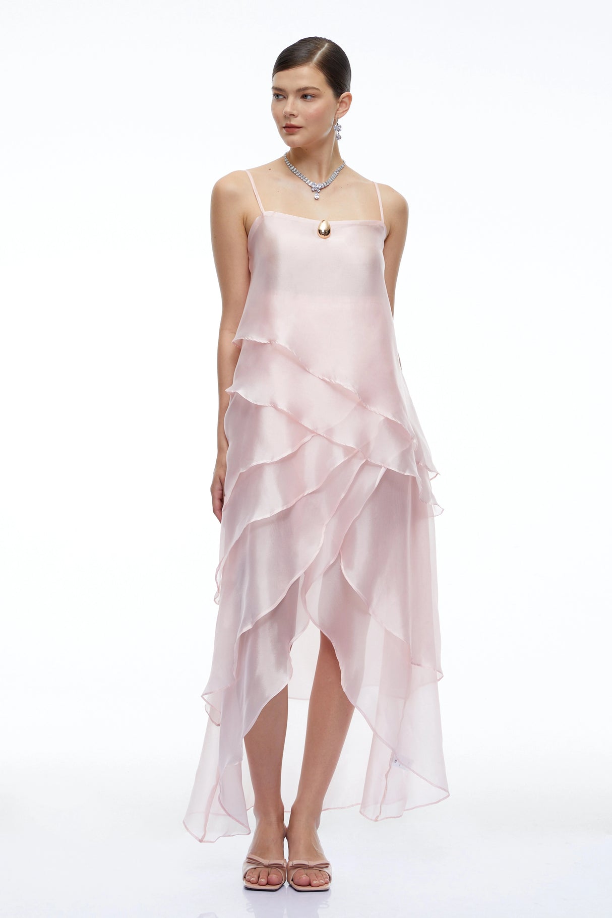 Fenella Pink Tiered Halterneck Midi Dress
