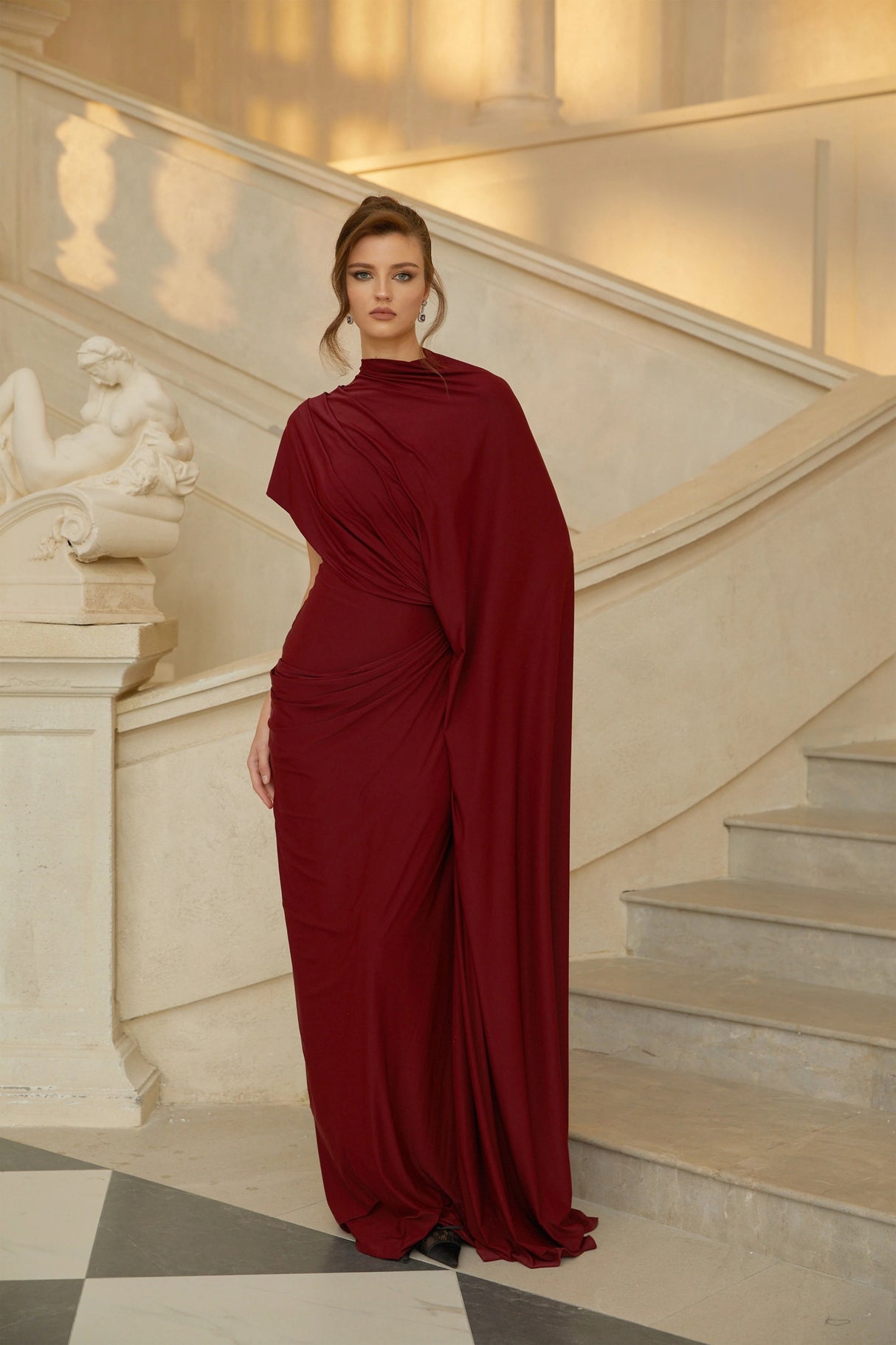 Fenella Red Asymmetrical Draped Cape Dress Matching Set
