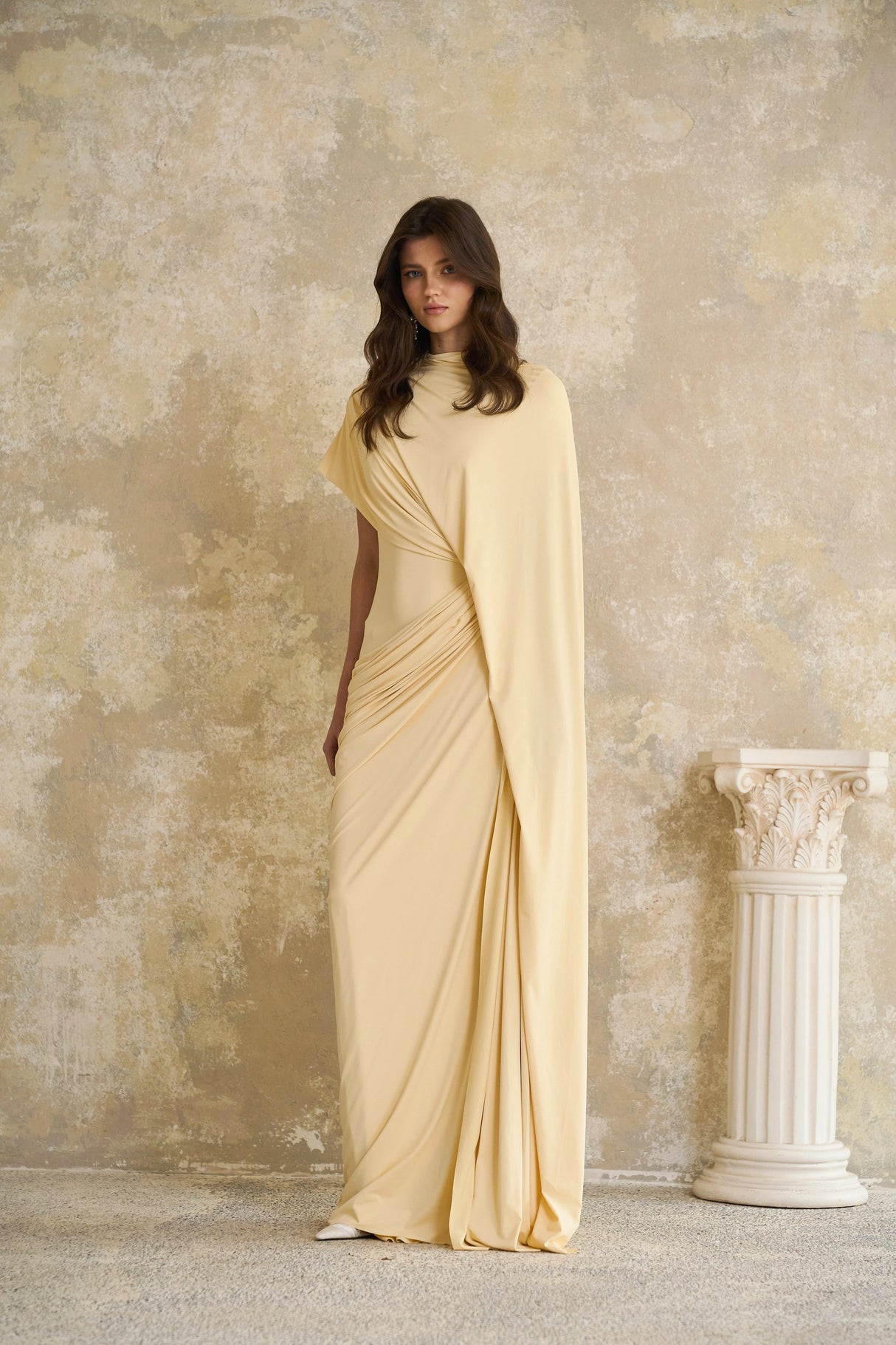 Fenella Yellow Asymmetrical Draped Cape Dress Matching Set