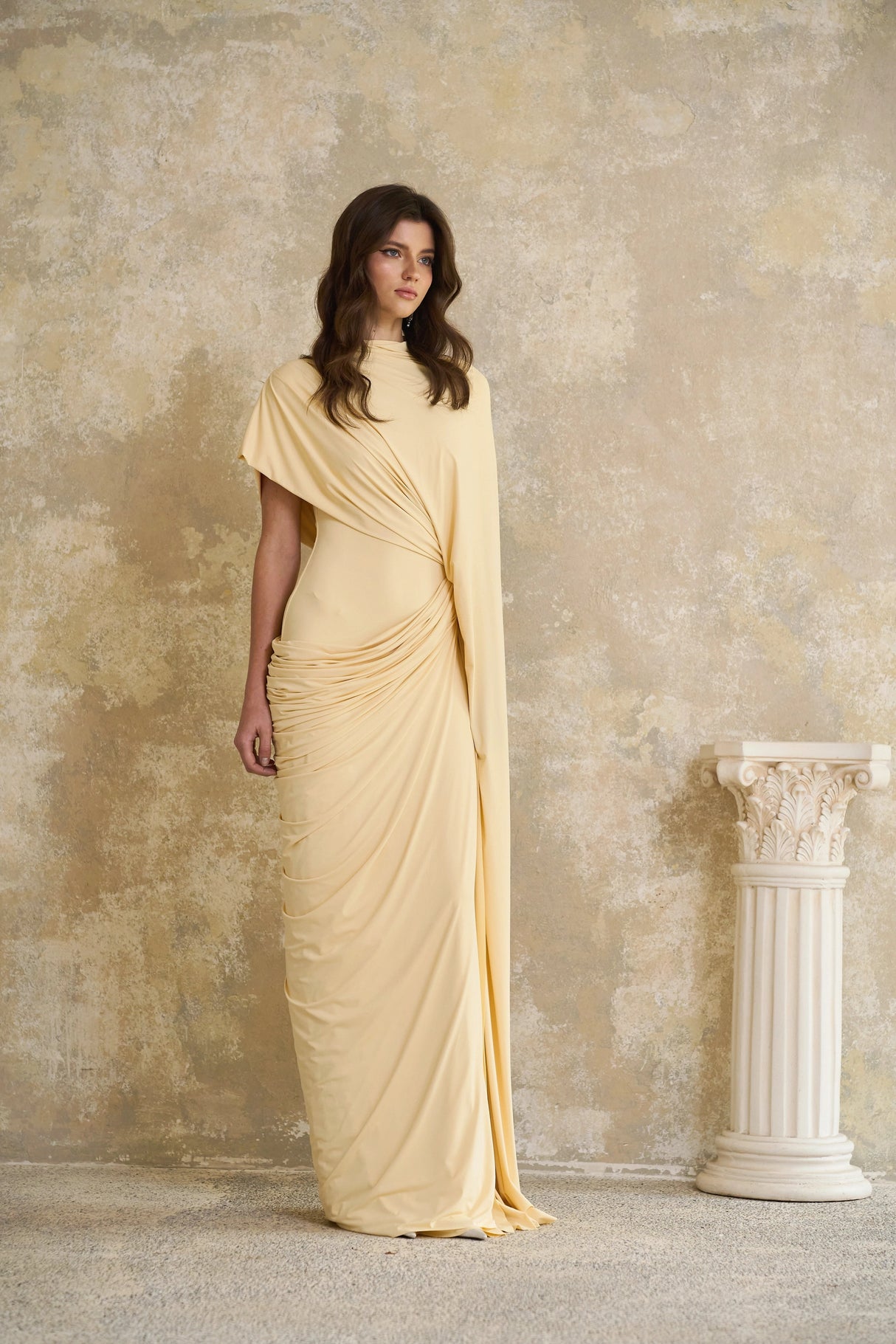 Fenella Yellow Asymmetrical Draped Cape Dress Matching Set