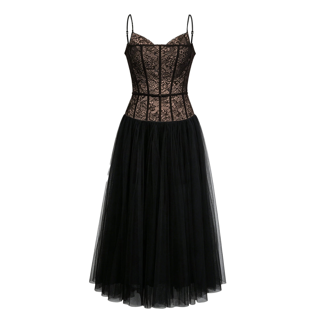 Feriha Black Lace Corset Pleated Midi Dress