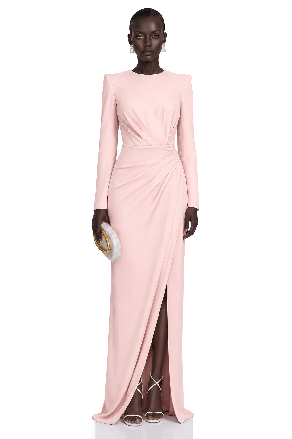 Feriha Pink Ruched Maxi Dress with High Slit