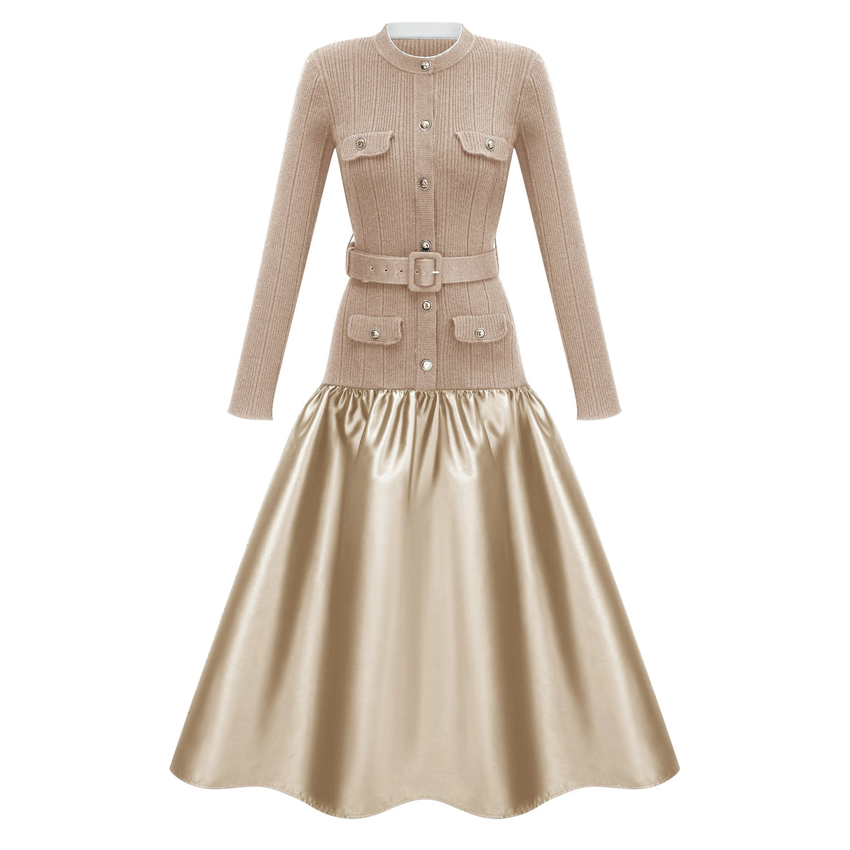 Fern Gold Satin Panel Knit Midi Dress