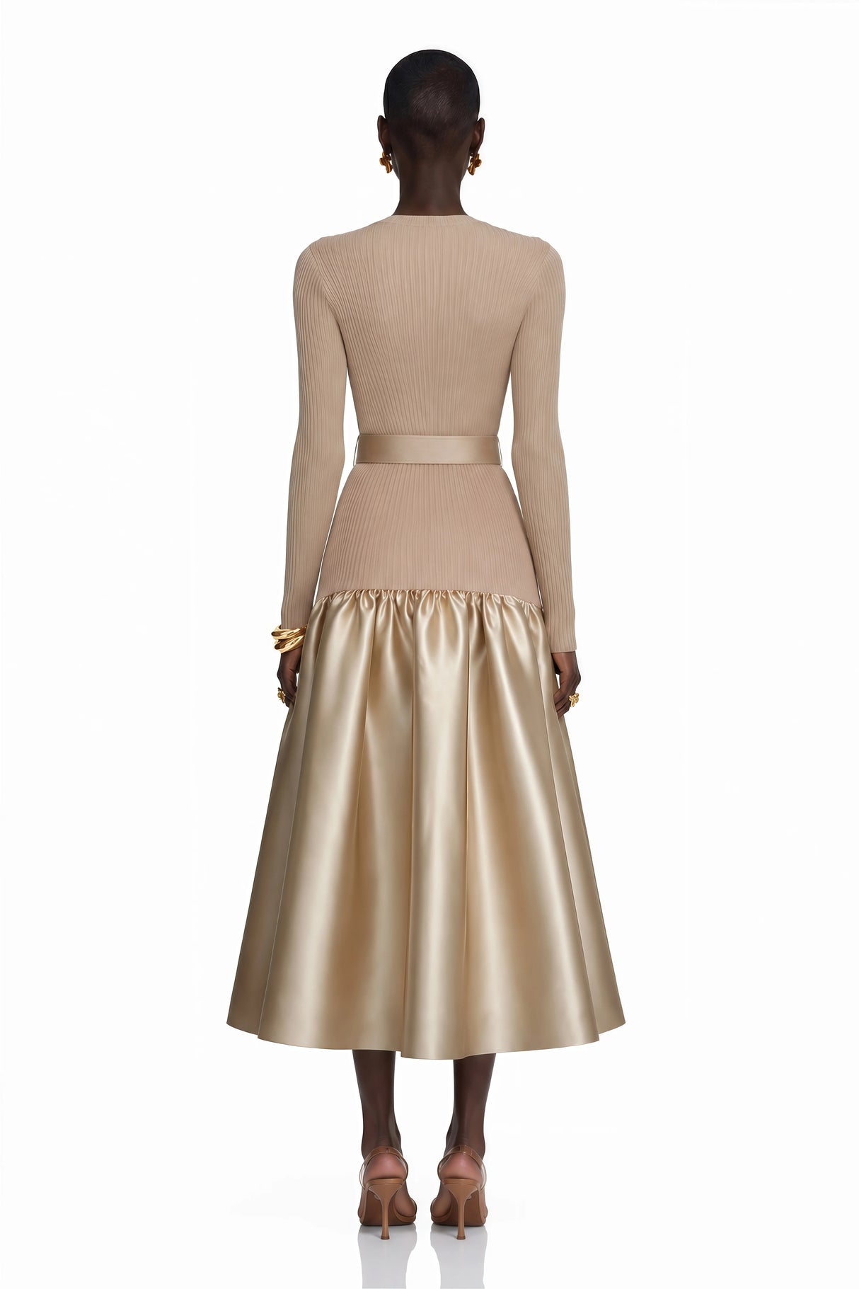 Fern Gold Satin Panel Knit Midi Dress