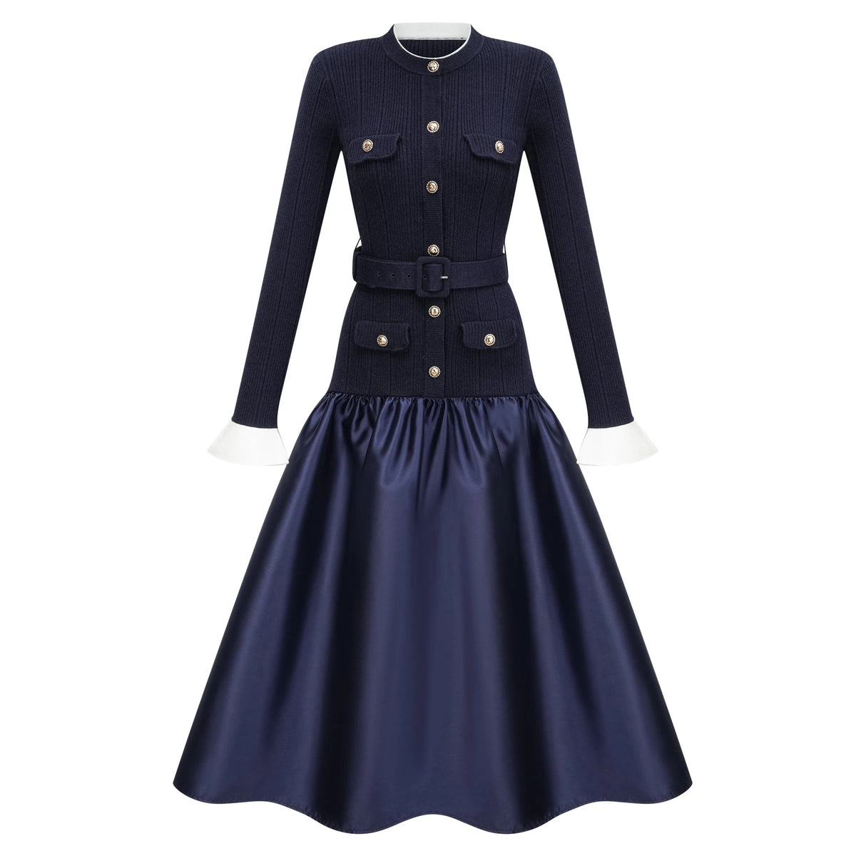 Fern Navy Blue Satin Panel Knit Midi Dress