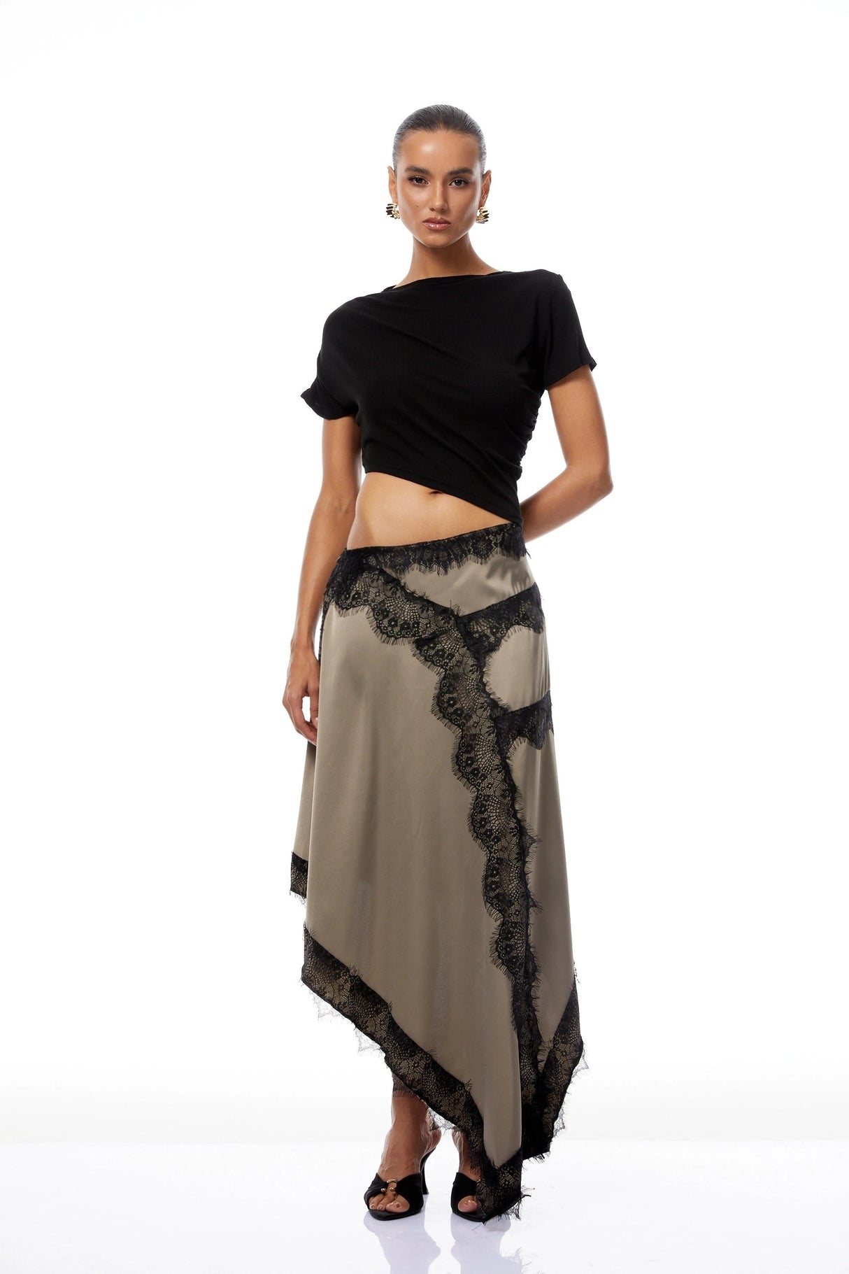 Fiamma Black Gathered Lace Panel Maxi Dress