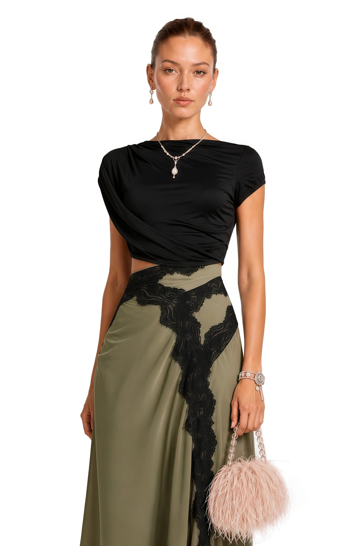 Fiamma Black Gathered Lace Panel Maxi Dress
