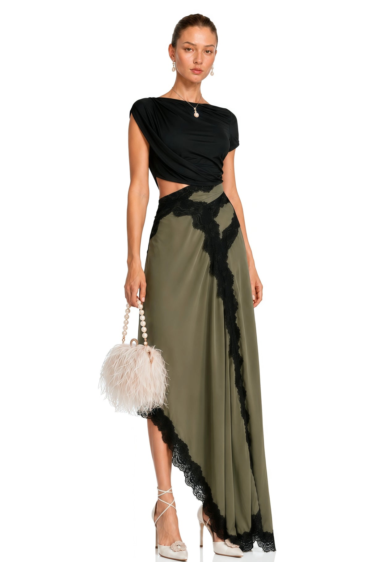 Fiamma Black Gathered Lace Panel Maxi Dress