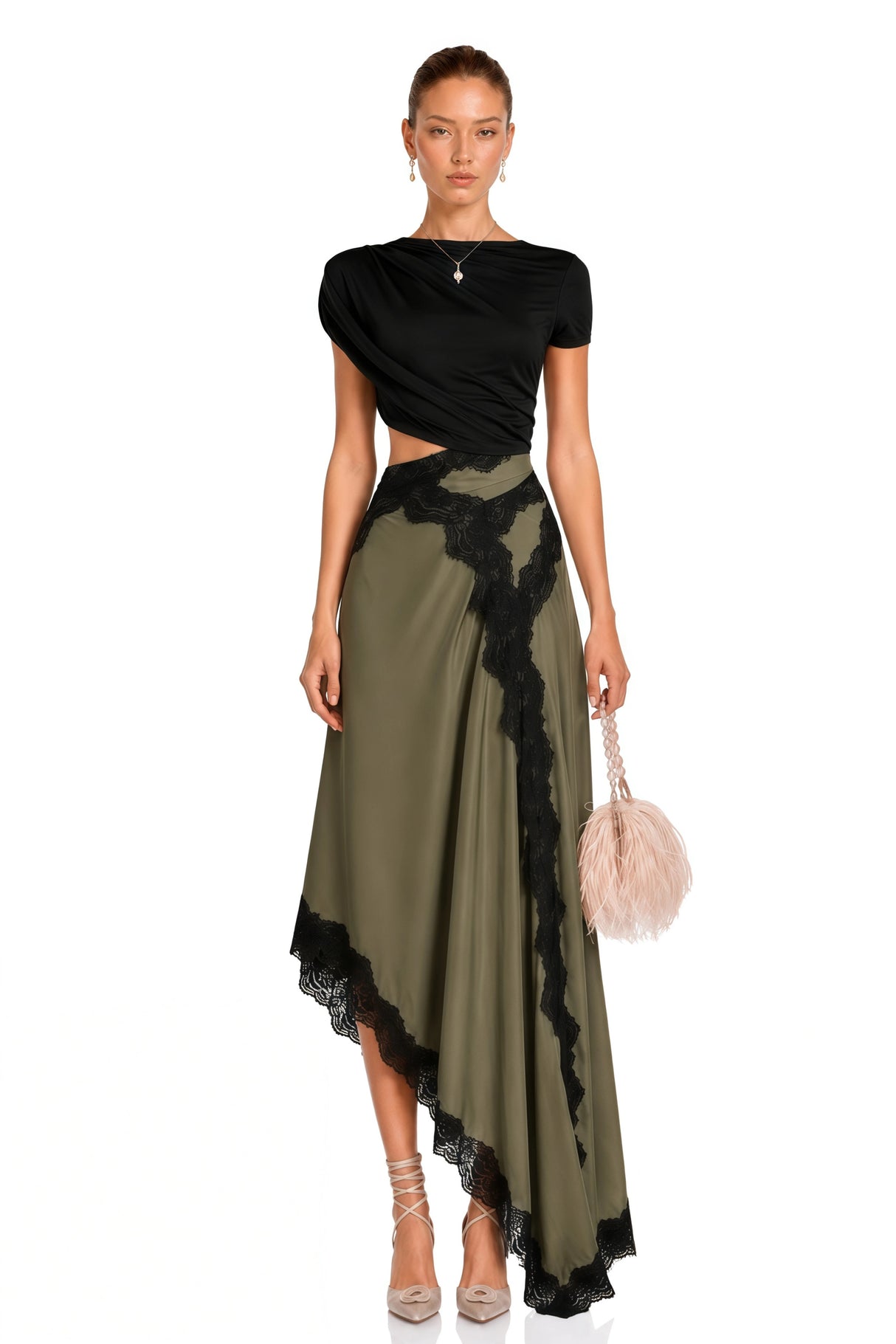 Fiamma Black Gathered Lace Panel Maxi Dress