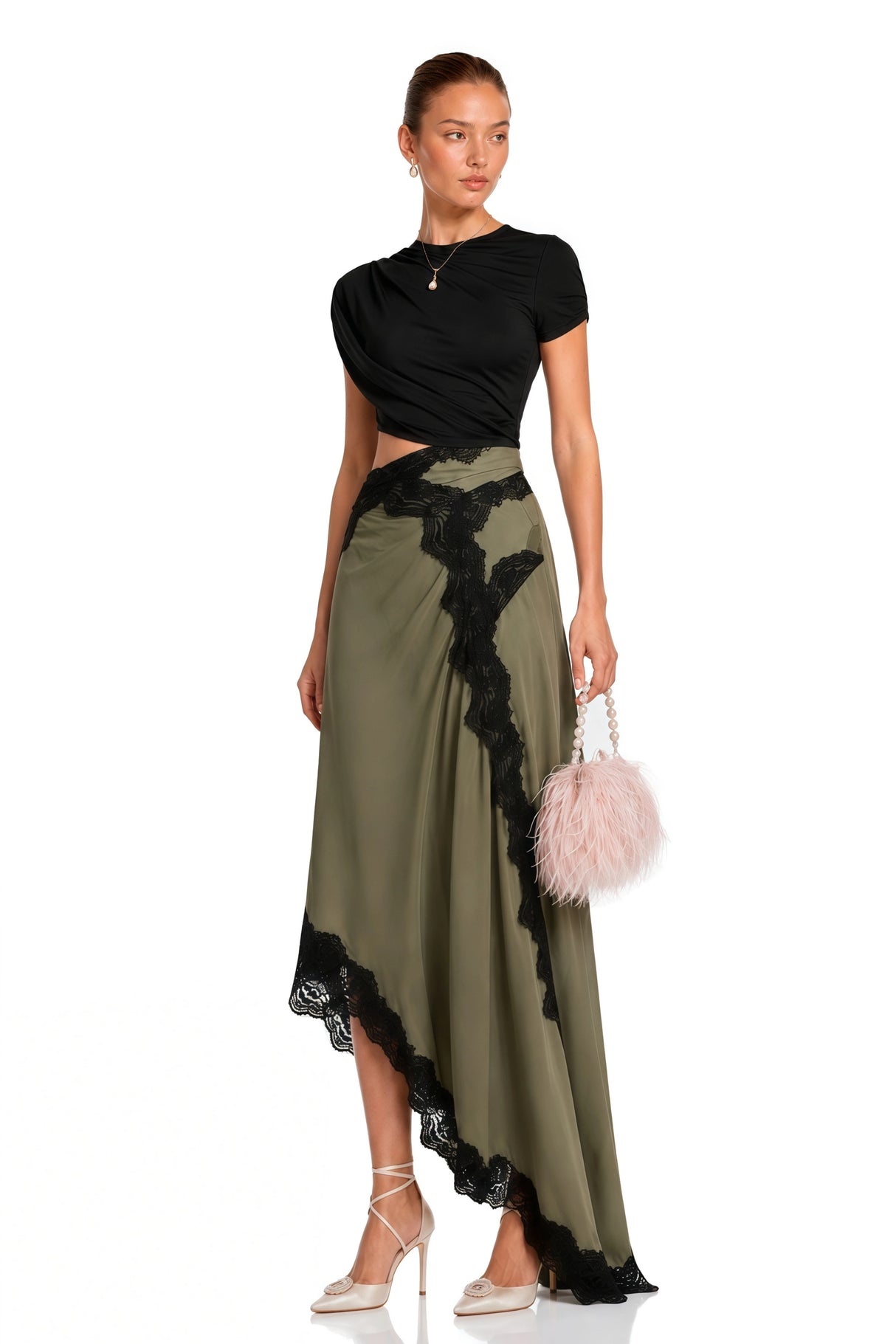 Fiamma Black Gathered Lace Panel Maxi Dress