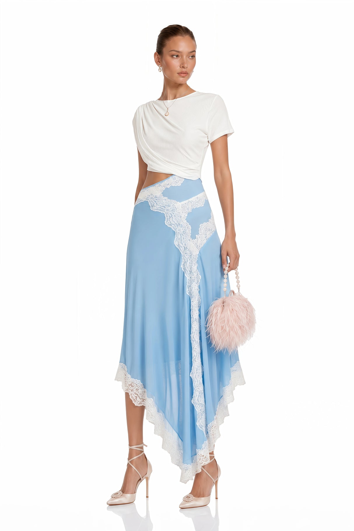 Fiamma Blue Gathered Lace Panel Maxi Dress