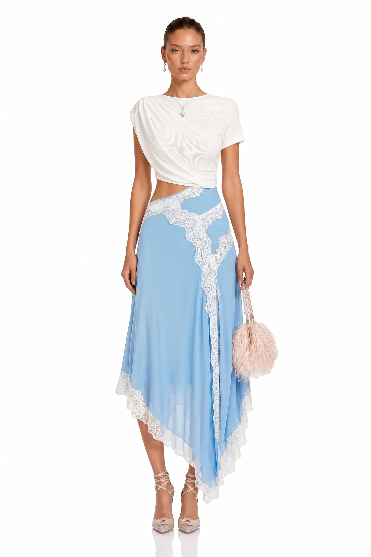 Fiamma Blue Gathered Lace Panel Maxi Dress