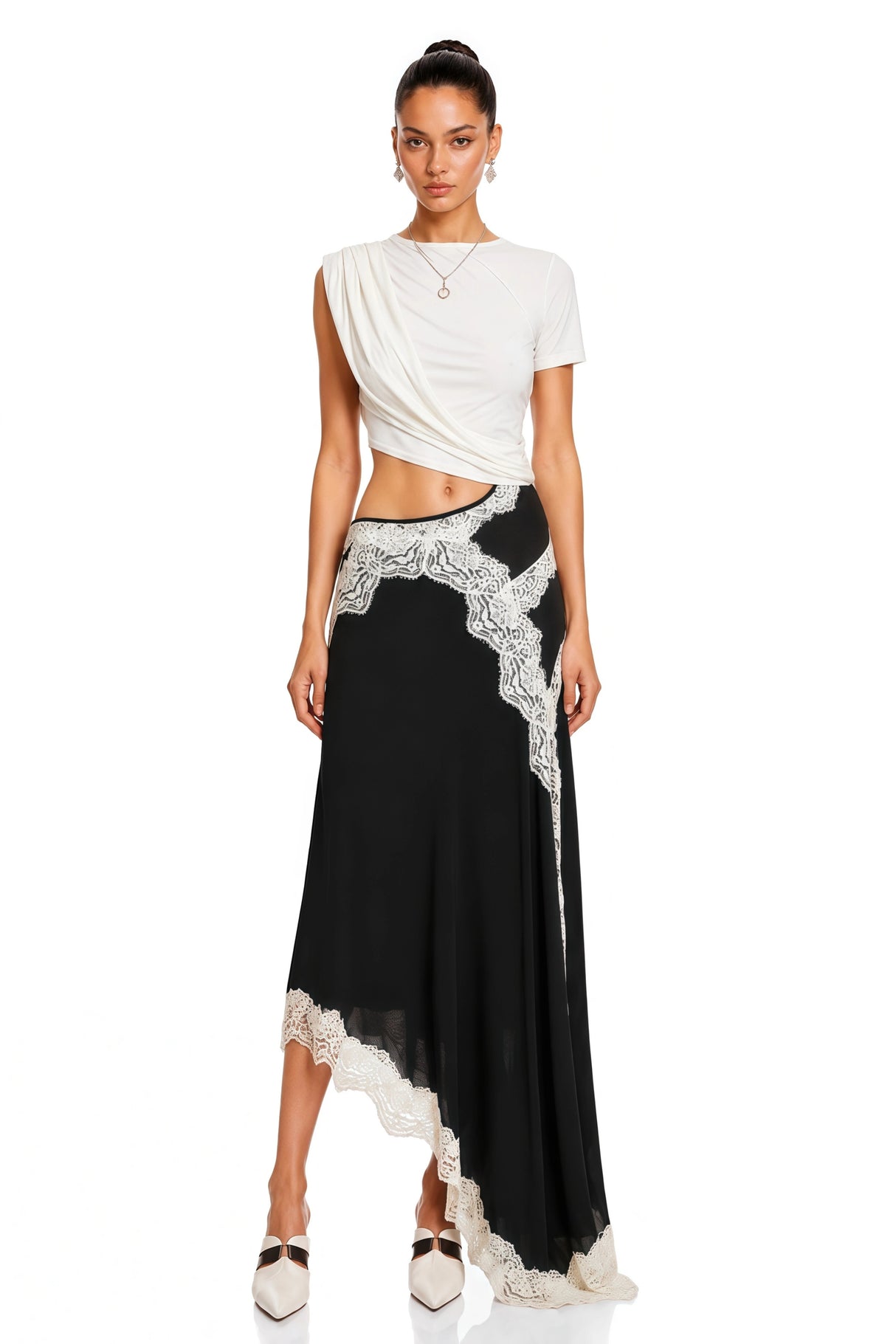 Fiamma Color Block Gathered Lace Panel Maxi Dress