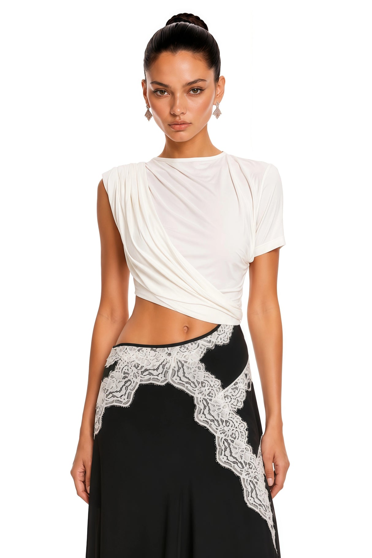 Fiamma Color Block Gathered Lace Panel Maxi Dress