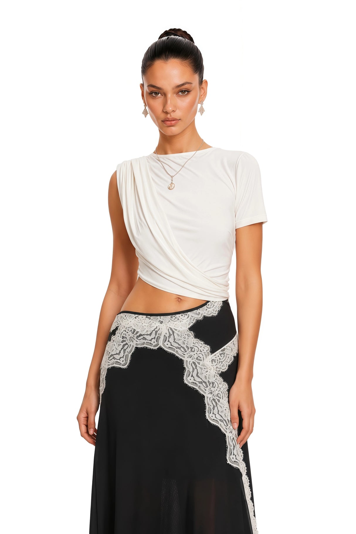 Fiamma Color Block Gathered Lace Panel Maxi Dress