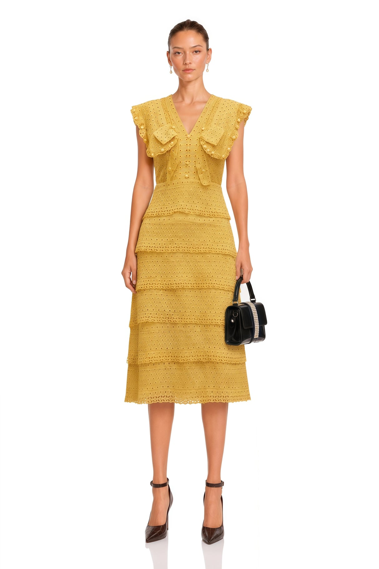 Fidji Yellow Layered Embroidered Midi Dress